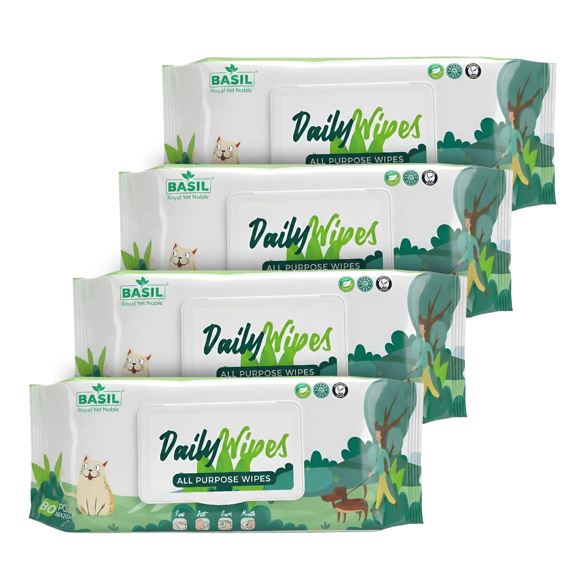 Basil Royal Yet Noble Daily Pet Wipes | Wet Wipes for Dogs, Cats, Puppies & All Pets | Enriched with Castor Oil, Vitamin E | Non-Toxic & Gentle Grooming & Deodorising Wipes | 80 Wipes X Pack of 4