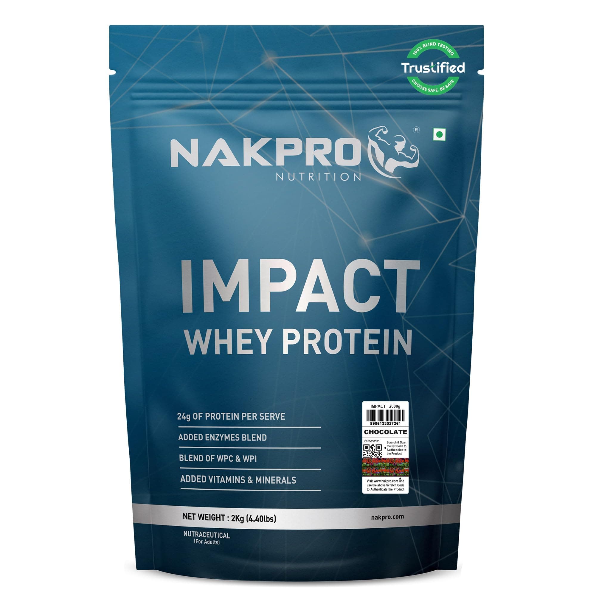 NAKPRO NUTRITION Impact Whey Protein Isolate & Concentrate | 2 kg | 24g Protein | Chocolate | Trustified Certified | Added Digestive Enzymes, Vitamins & Minerals