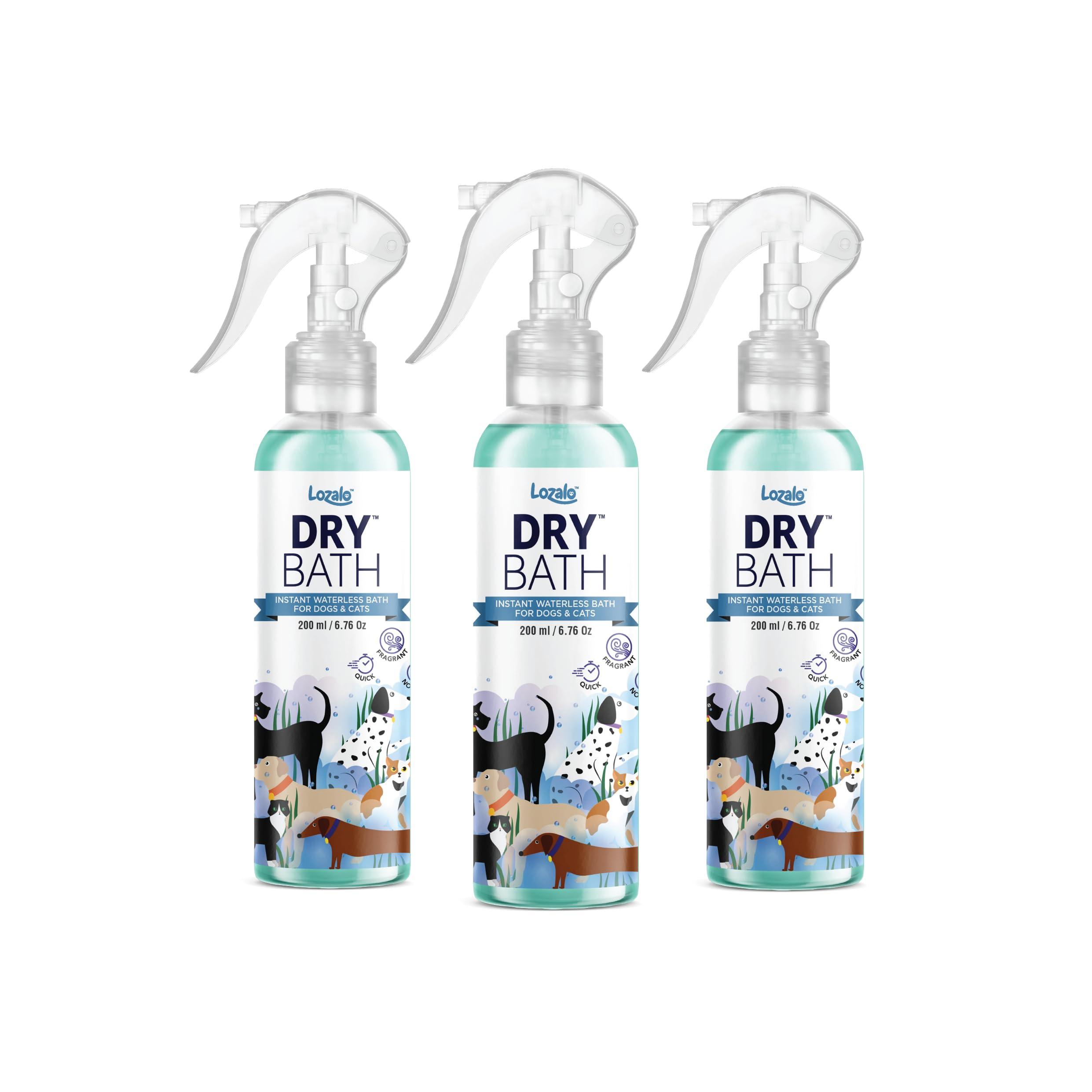 Lozalo Dry Bath Waterless Shampoo - 600ml, Combo Pack of 3x200ml, Instant Waterless Spray Bath for Dogs, Cats & Puppies,No Rinse Anti Bacterial, Itch Relief Formula for Coat Care