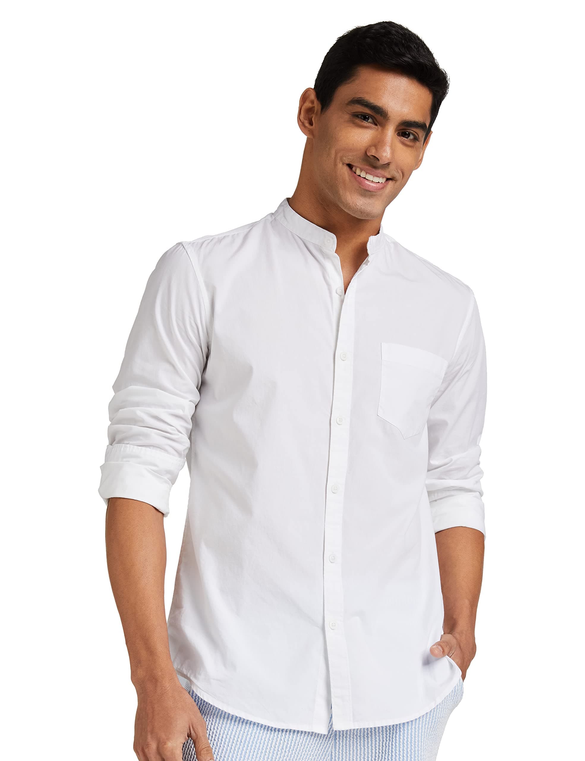 Amazon Brand - Symbol Men's Cotton Shirt | Chinese Collar | Casual | Plain | Full Sleeve | Summer - Regular Fit (Available In Plus Size, White_Xl)