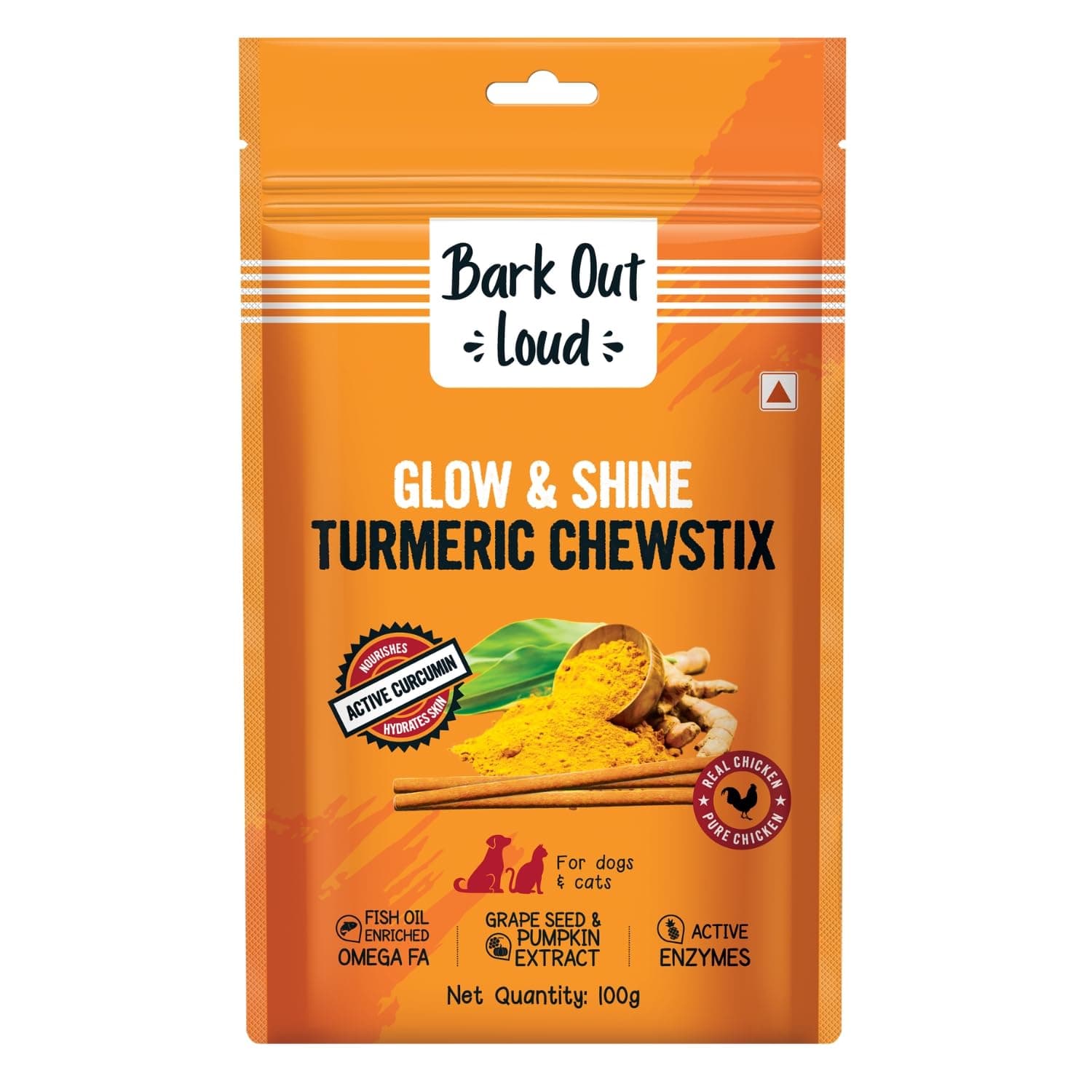 Bark out Loud by Vivaldis Glow & Shine Turmeric Chewstix - Fresh Chicken Stick Cat & Dog Treats with Pumpkin & Grape Seed Extract for Shiny Skin & Coat- Dogs & Cats of All Life Stages 100g