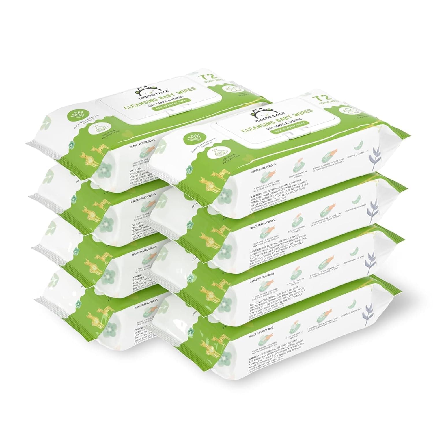 Amazon Brand - Mama Bear Cleansing Baby Wipes With Lid | 576 Wipes | 72 Wipes x 8 Packs | Dermatologically Tested | With Aloe Vera & Vitamin E | Alcohol-free | Paraben-free | Water-Based Formulation