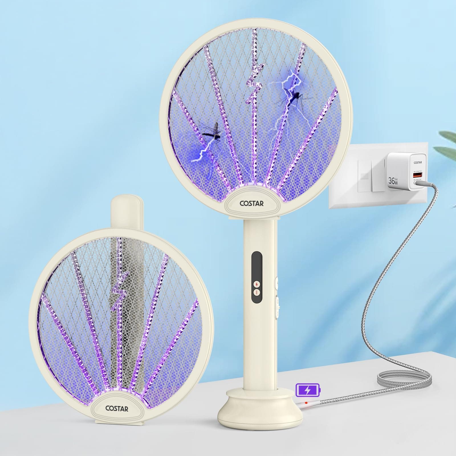 COSTAR Mosquito Bat with UV Light, Foldable Mosquito Racket Rechargeable, 2 in 1 Auto Mosquito Killer with Charging Base Stand, Electric Fly Swatter, Lithium-ion Battery