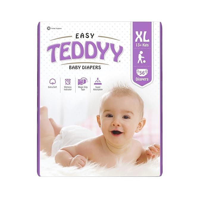 TEDDYY Easy Baby XL Size Diaper Tape Style | 56 Count (Extra Large) | 13-17 kgs (Pack of 1) | Quick Absorbency | Extra Super Soft | Anti - Bacterial | Wetness Indicator with Adjustable Grip Tapes