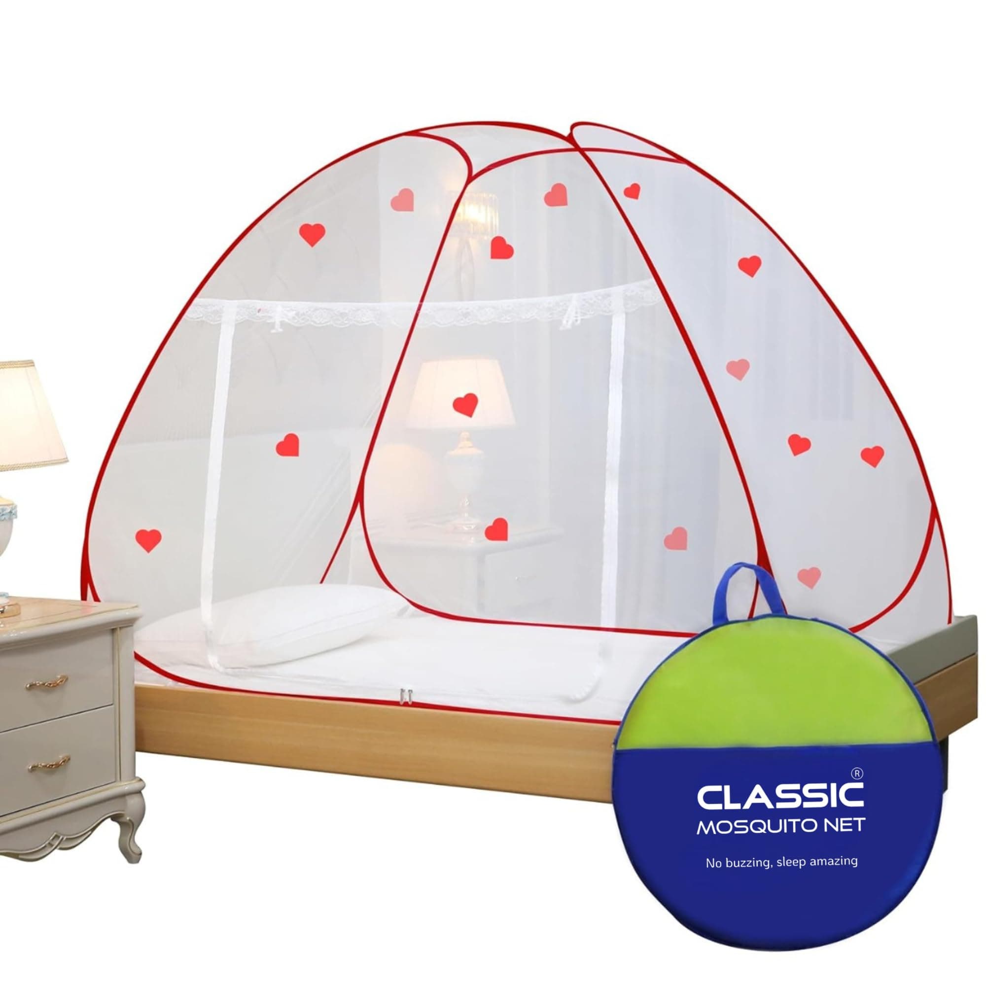 Classic Mosquito Net for Single Bed Foldable Machardani Polyester Strong 30GSM mesh, PVC Coated Steel Wire (Red+Heart)