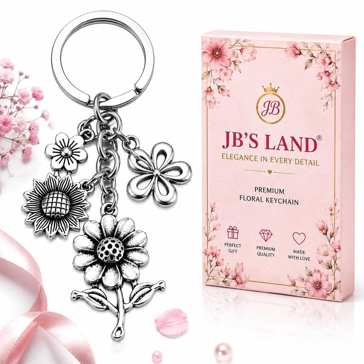 JB'S LAND Floral Charm Keychain Vintage Flower Metal Key Ring for Women