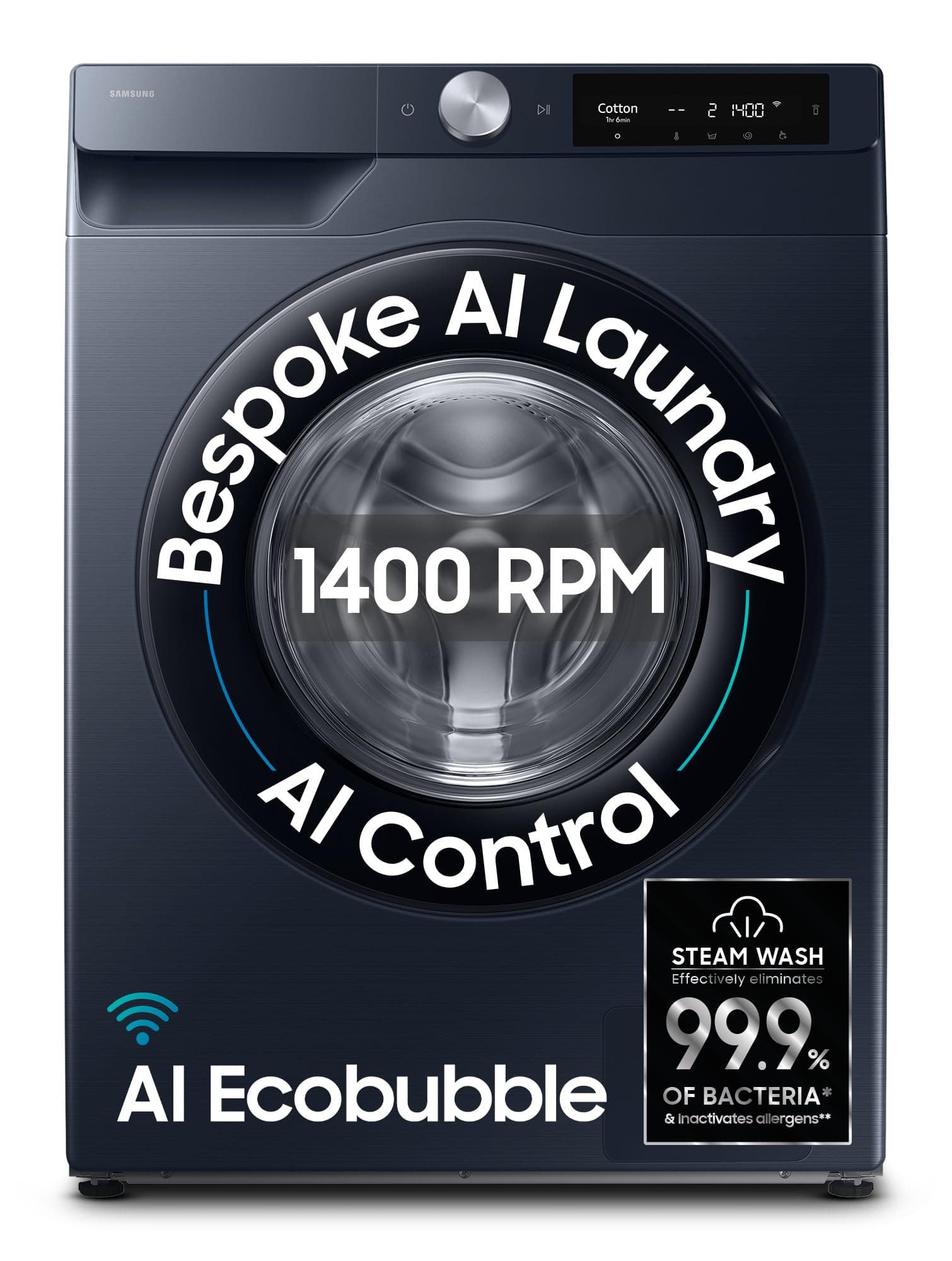 Samsung 12 kg, 5star, AI Control, AI Ecobubble, Super Speed, Wi-Fi, Hygiene Steam with Inbuilt Heater, Digital Inverter, Fully-Automatic Front Load Washing Machine (WW12DG6B24ASTL, Navy)