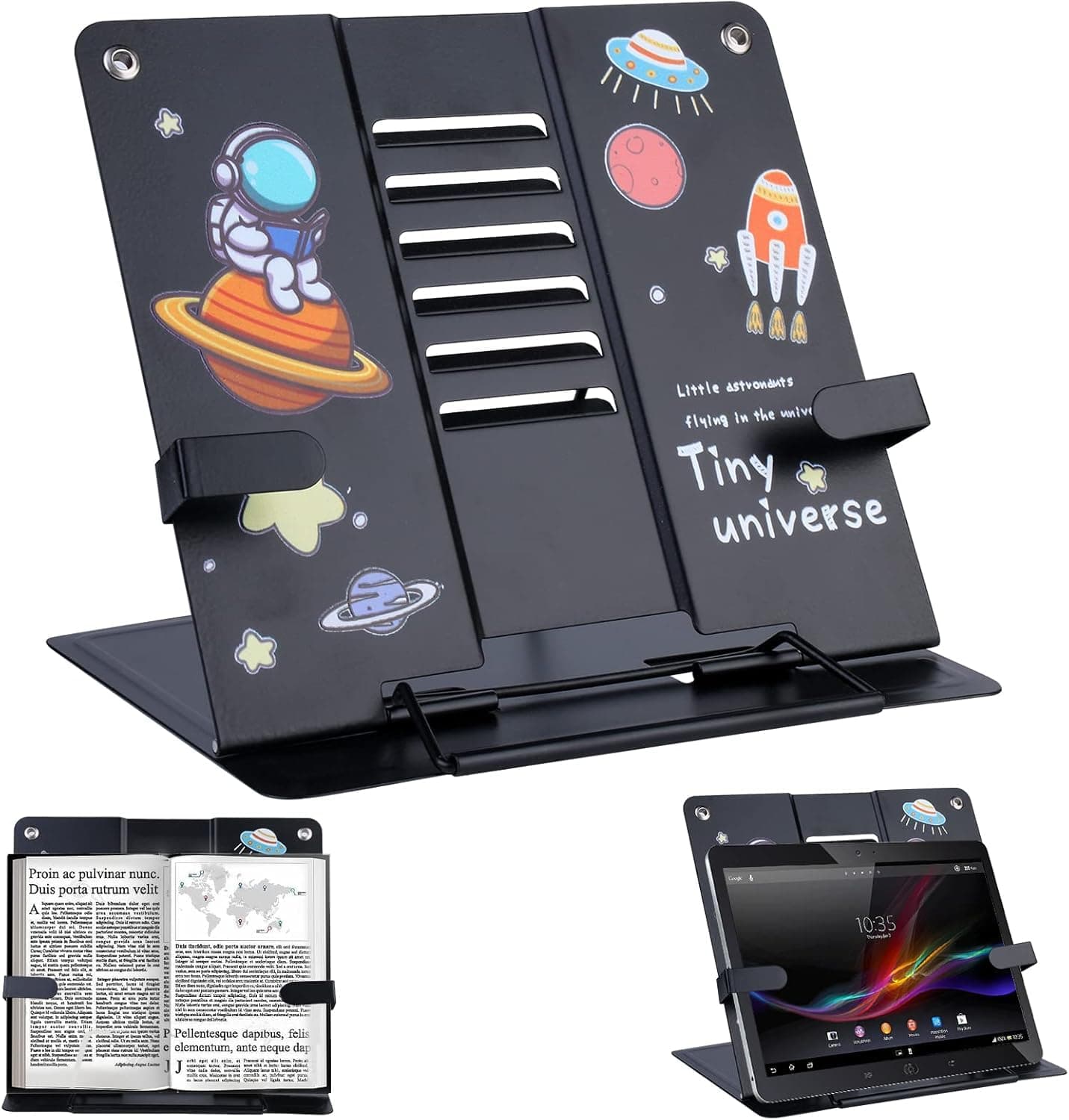 TARKAN Metal Book Stand for Table, Adjustable 6-Height Reading Stand with Anti-Skid Base, Space Theme, 51 cm Expandable (Black)