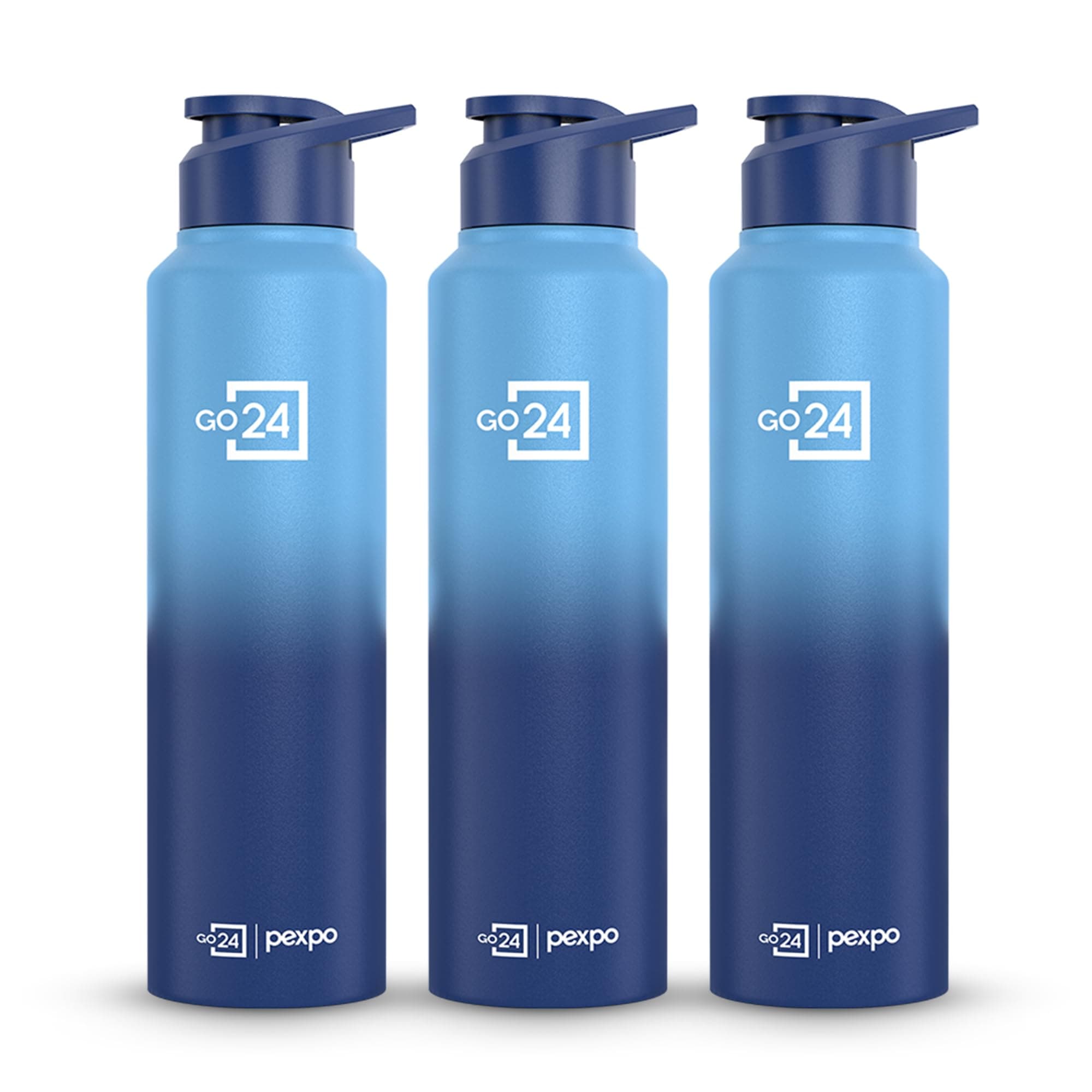 Go24 pexpo Water Bottle 1 ltr Stainless Steel Sports/Fridge Bottle with Sipper Cap (Pack of 3)| 1-Year Warranty | Single Wall | For Home, Office, Travelling | Craft Pro 950ml | Blue-Denim Blue Ombre