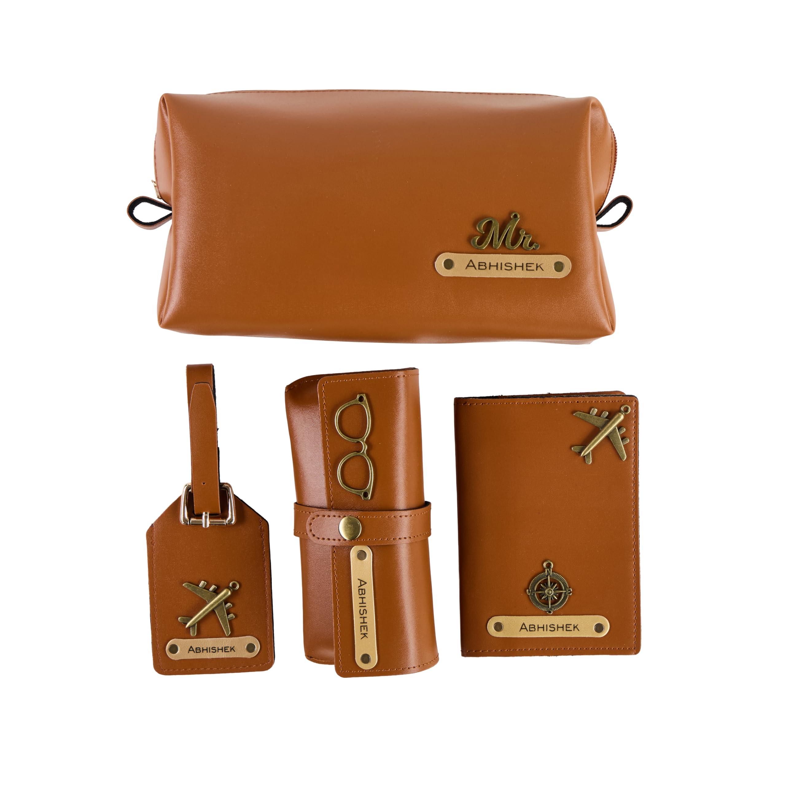 AICA Personalized Name & Charm Leather Travel 4pcs Gift Set Combo for Men & Women | Customized Travel Accessories Hamper | Gifts for Family and Friends | Gift for Girls & Boys (Tanbrown)