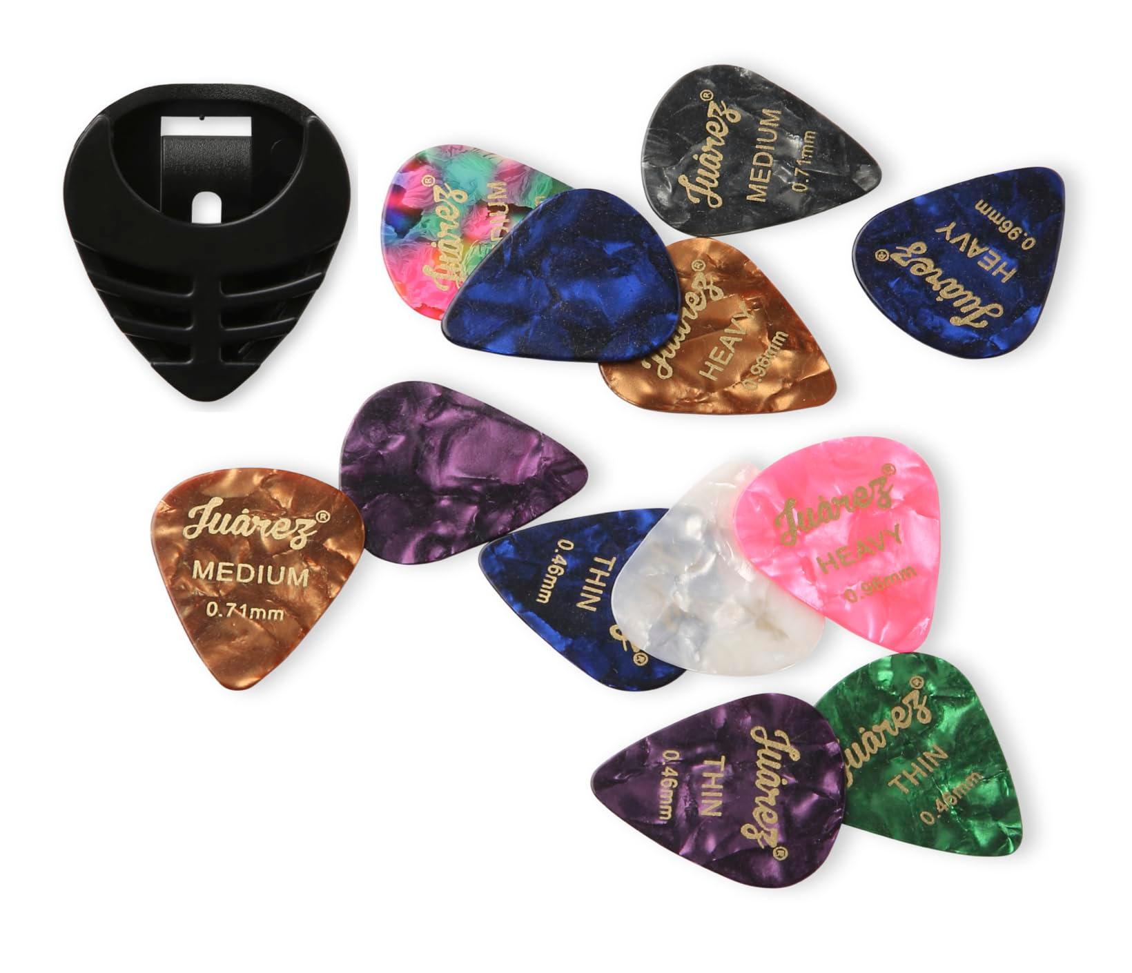 Juarez JAP120 Guitar Pick Set – 12 Premium Picks with 1 Pick Holder | Assorted Thickness (Thin, Medium, Heavy) for Acoustic, Electric & Bass Guitars | Durable, Colorful Picks with Holder