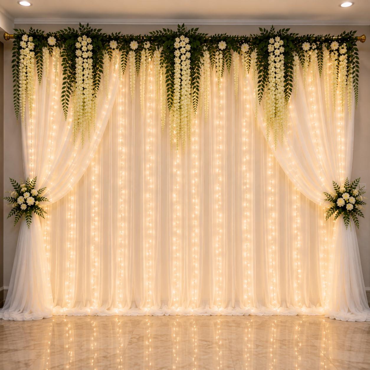 Party Clap White Backdrop Decoration Kit with LED Curtain Lights, White Wisteria Flowers & Net Curtains for Birthday, Anniversary, Engagement, Wedding, Baby Shower & Ganpati Decoration.