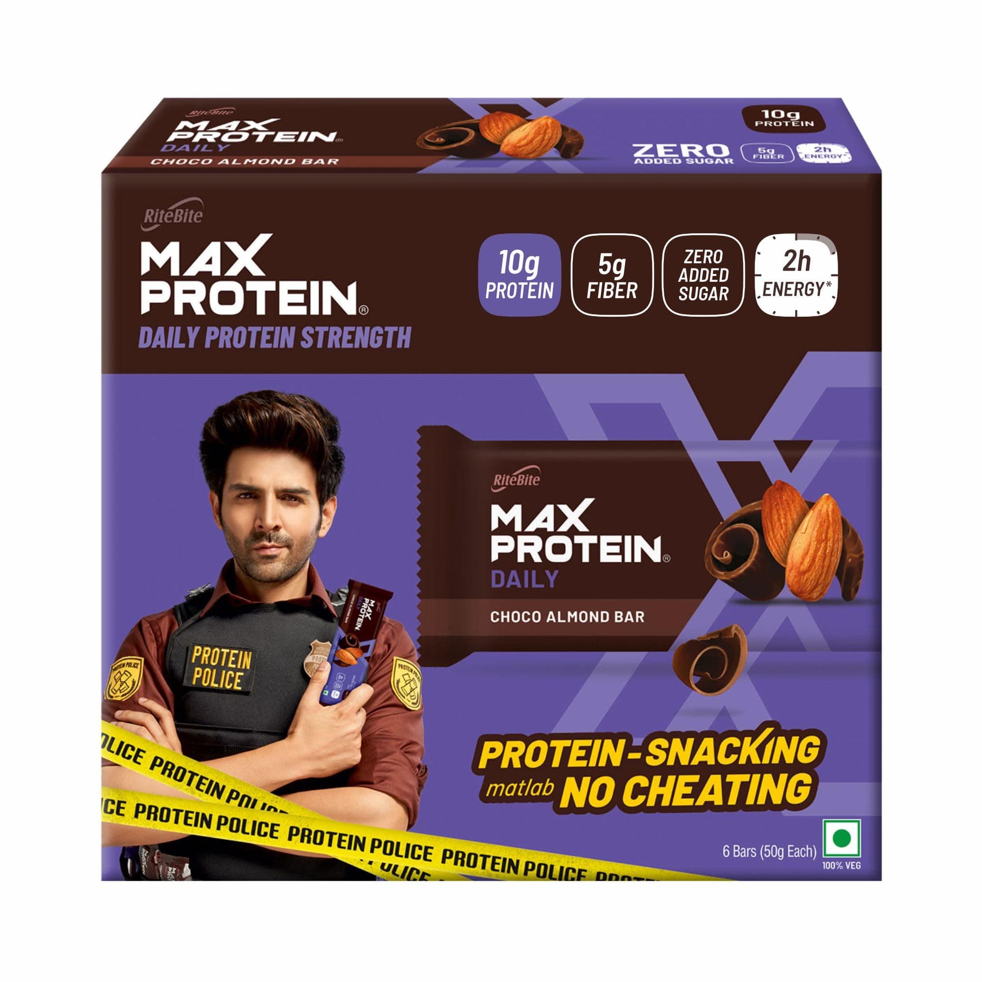 RiteBite Max Protein Daily Choco Almond Protein Bars with 10g Protein, 5g Fiber & 21 Vit. & Minerals | 0 Added Sugar, No Cholesterol & Trans Fat For Upto 2h of Energy, Healthy Snack, 50g (Pack of 6)