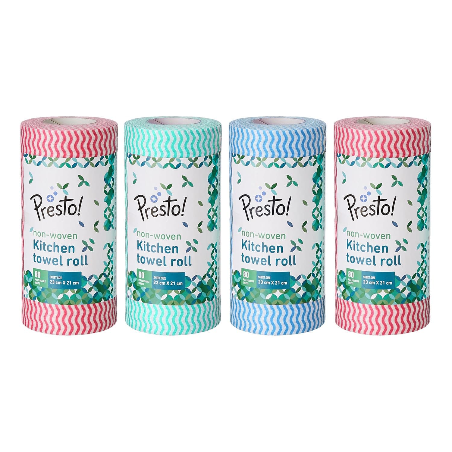 Amazon Brand - Presto! Non-Woven Kitchen Towel Roll | 80 Pulls (Pack of 4) | Size: 23 x 21 cm | Wavy Pattern (Red, Blue & Green) | Washable and Reusable | Highly Absorbent | For Daily Use