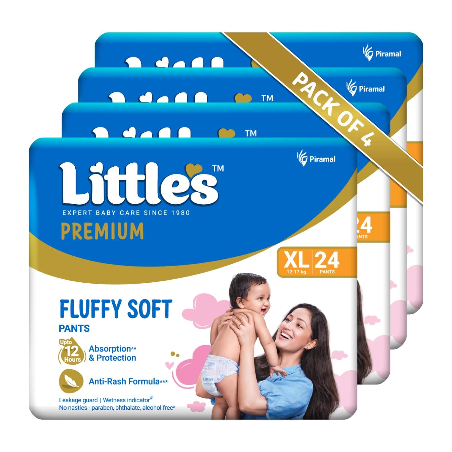 Little's Premium Baby Diapers XL Size (Extra Large) Pants Style | 12-17 kg | 96 Count | FluffySoft Baby Diaper with Leakage Guard, Wetness Indicator & 12 Hours Absorption | (24 Count, Pack of 4)