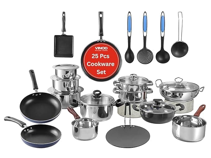 Vinod Kitchen in The Box 25-Piece Stainless Steel Cookware Combo Set | Induction & Gas Stove Friendly | Dishwasher Safe, Stackable, Durable | Essential for Indian Cooking | 2-Year Warranty