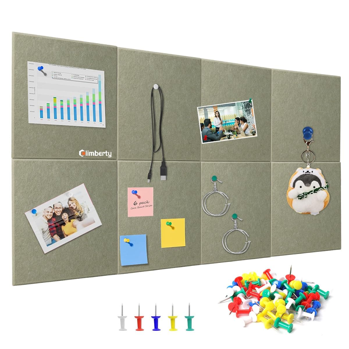 Climberty® 8 Pcs Felt Bulletin Board Tiles 30x30cm Self Adhesive Soft Boards for Wall, Soundproof Blanket Pin Board with 50 Pushpins for Notes Photos Decor (Teal Green)