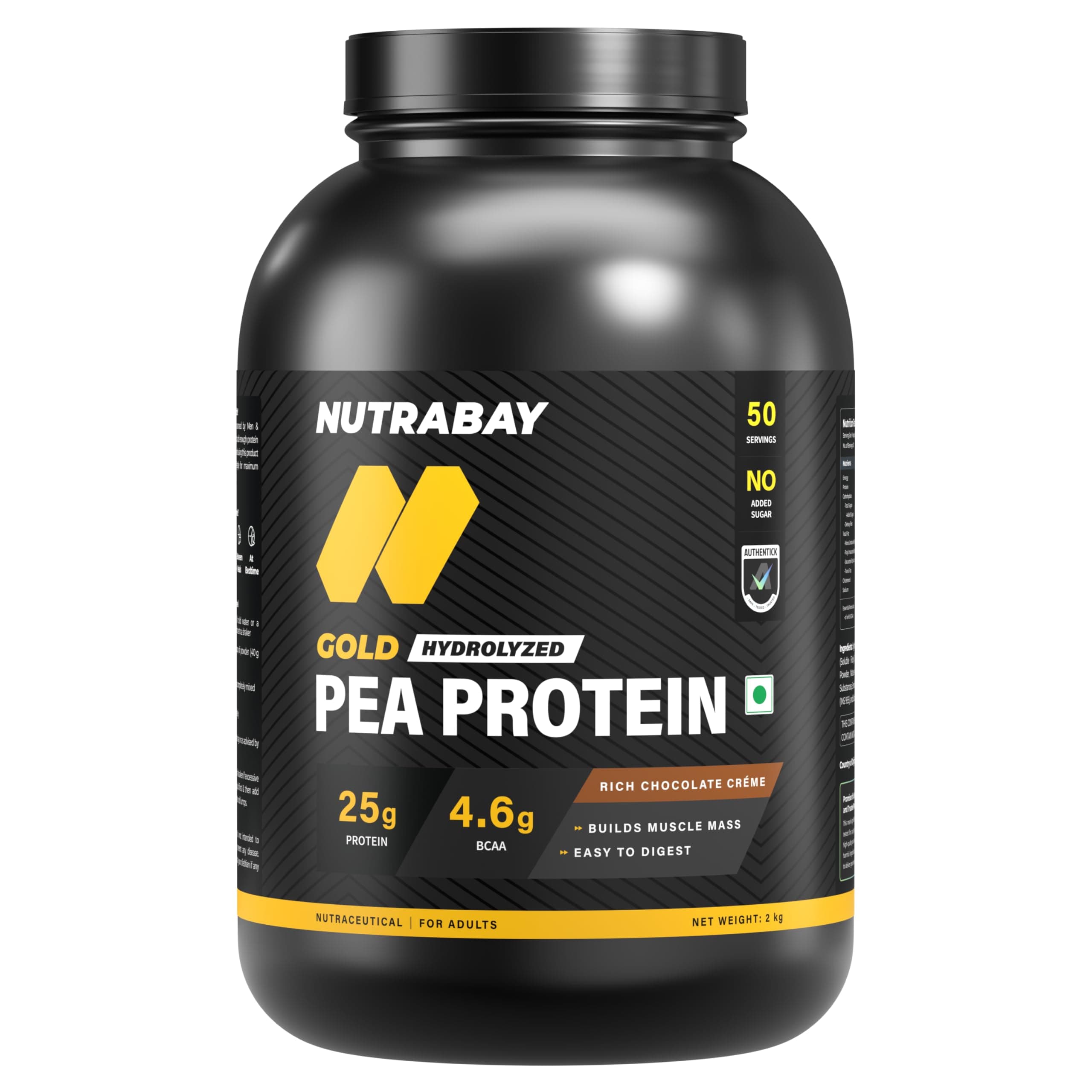 NUTRABAY Gold Pea Protein Powder - 2kg, Rich Chocolate Crème | 25g Protein, 4.6g BCAA, 5g Fiber | Complete Amino Profile | Tastiest & Smoothest Vegan, Plant Protein | Muscle Gain & Fast Recovery