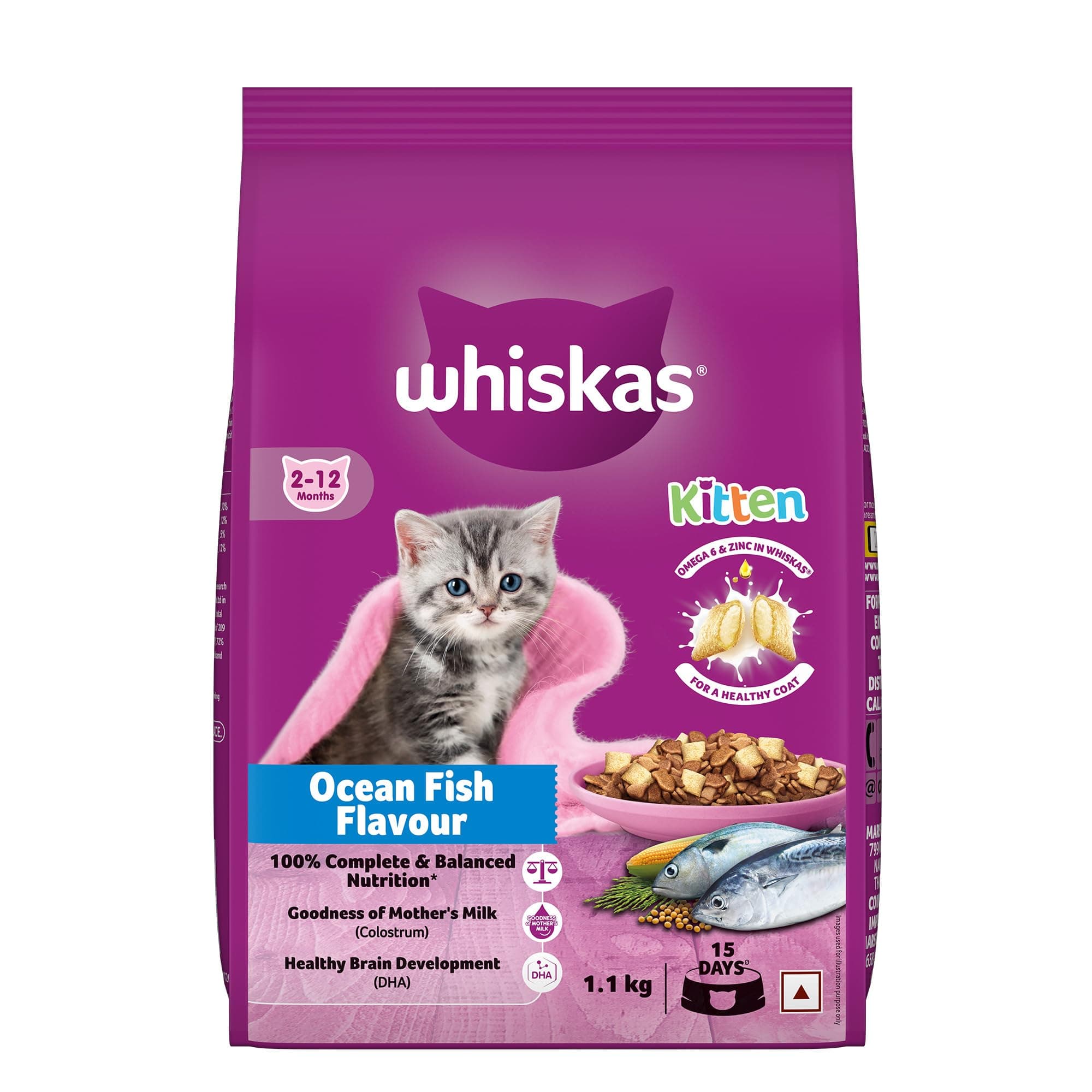Whiskas Junior Mother Cat & Kitten (2-12 Months) Dry Cat Food, Ocean Fish Flavour, 1.1 kg, Contains 41 Essential Nutrients, Complete & Balanced Nutrition for Mother Cats & Kittens
