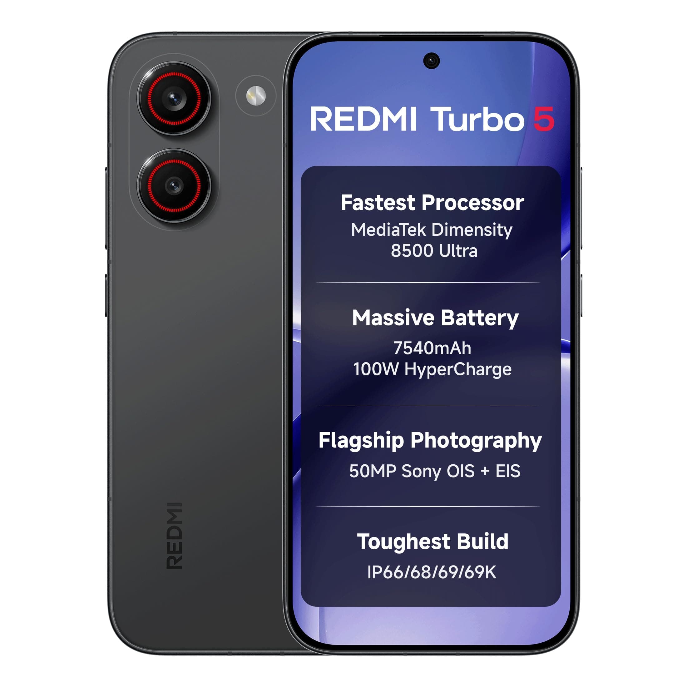 REDMI Turbo 5 (8GB + 256GB) Asphalt Black | Dimensity 8500 Ultra | Mega 7540mAh Battery | 100W HyperCharge | Compact 16.75cm(6.59) 120Hz AMOLED Screen | 50MP Sony OIS Camera