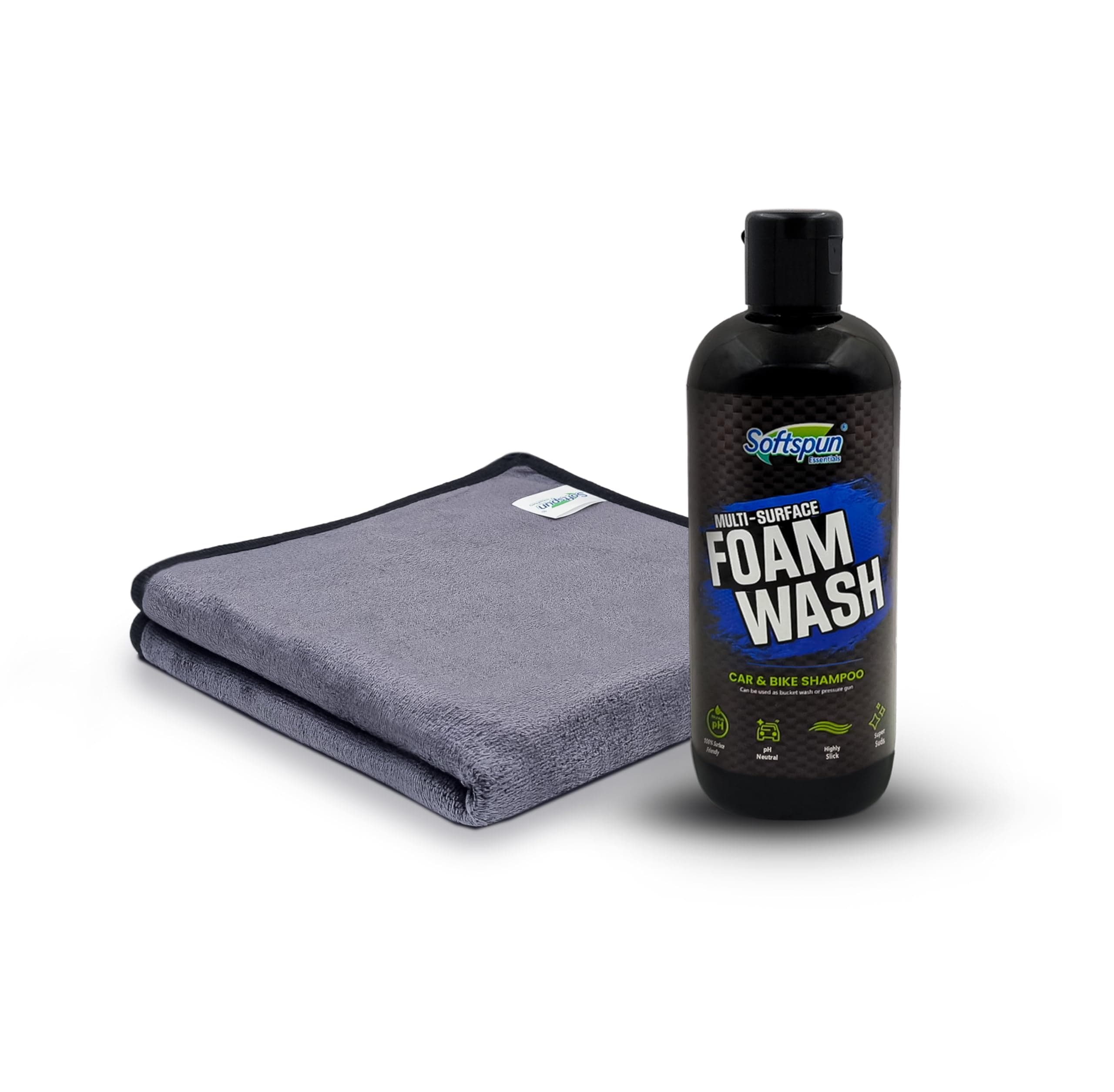 SOFTSPUN Microfiber 40X40cm 500 GSM 1Pc Grey + 300mL Car & Bike Premium Liquid Shampoo Combo | Extra Suds, Removes Tough Dirt & Grime | pH Neutral | Works with Bucket & Foam Cannon