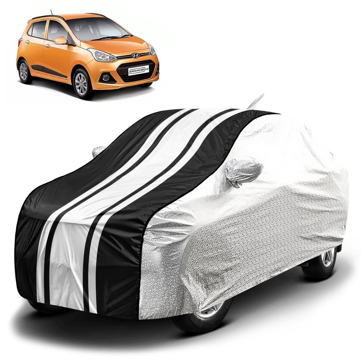 Fabtec Waterproof Car Body Cover for Hyundai Grand i10 with Mirror and Antenna Pocket, Soft Cotton Lining, Bottom Elastic, Triple Stitched (Metallic Silver with Black Stripes)