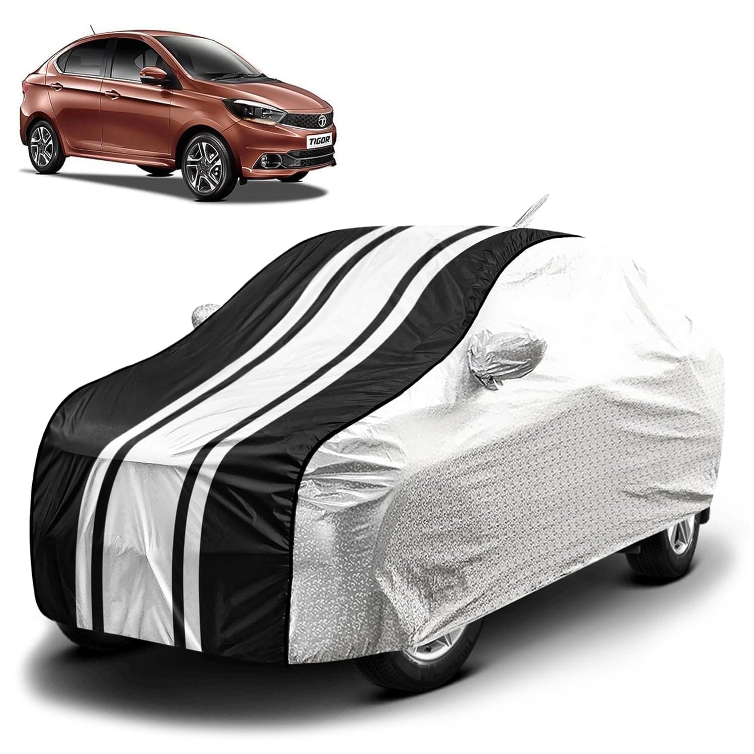 Fabtec Waterproof Car Body Cover for Tata Tigor with Mirror and Antenna Pocket and Soft Cotton Lining, Bottom Elastic, Triple Stitched (Metallic Silver with Black Stripes)