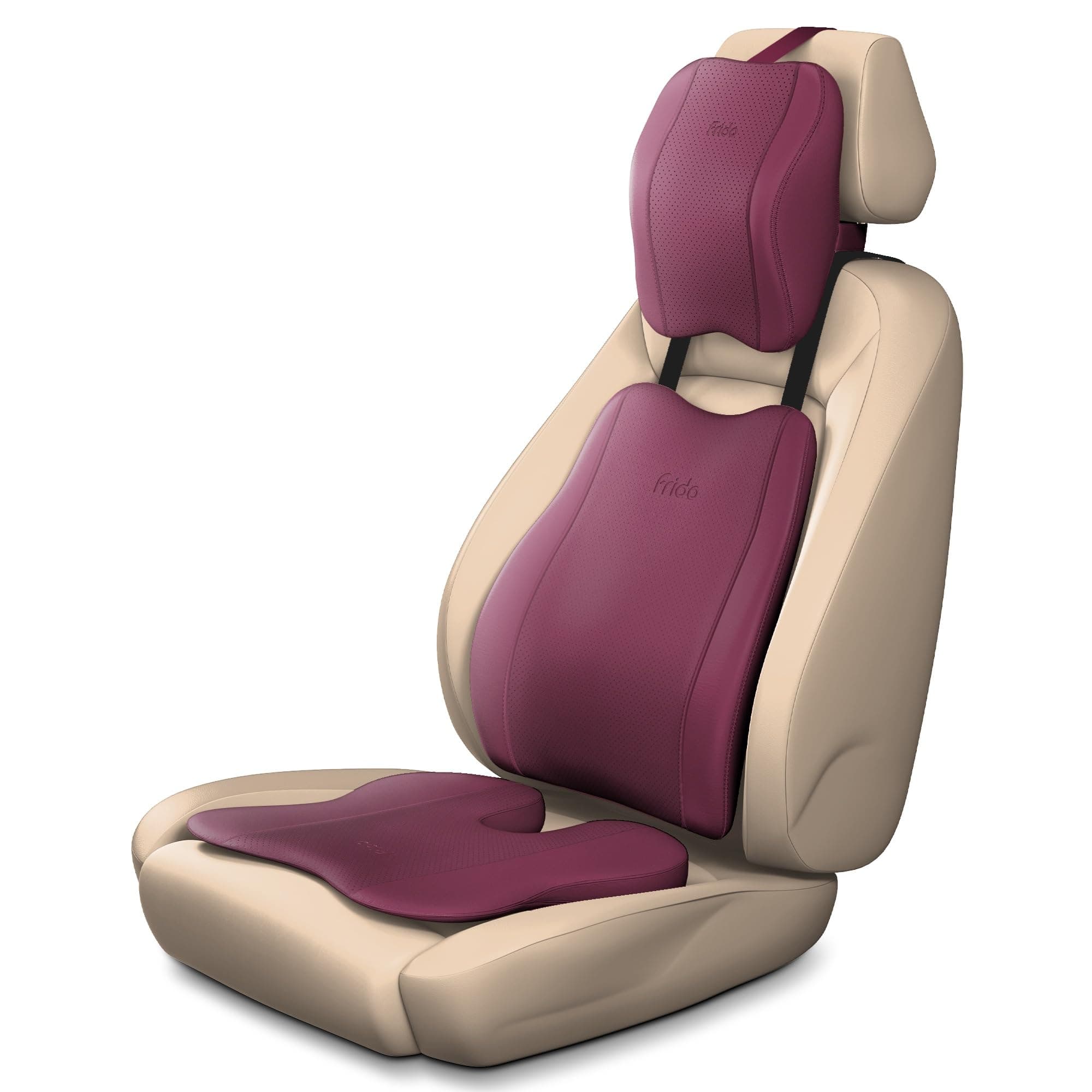 Frido Premium Car Comfort Bundle with Memory Foam Neck Rest, Lumbar Backrest and Wedge Seat Cushion Set of 3, Ergonomic Neck Back and Tailbone Support for Long Drives and Daily Commutes | Maroon