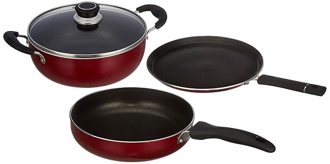 Amazon Brand - Solimo 3-Piece Aluminium Cookware Set - Fry Pan,Kadhai&Tawa|2-Way 3 Layer Non-Stick Coating|Induction Friendly Design|Pfoa Free|High Temperature Resistant Exterior Coating,Maroon