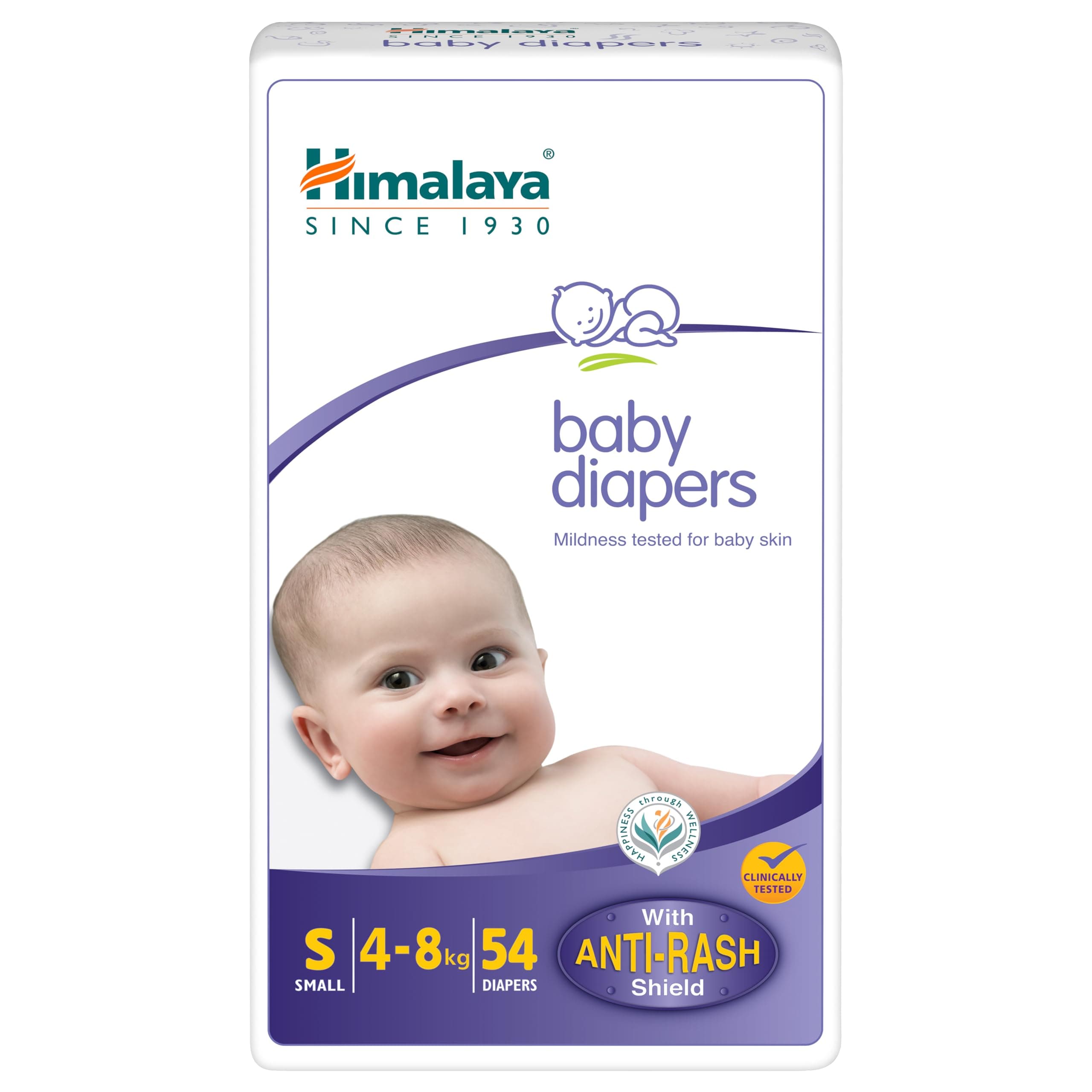 Himalaya Baby Tape Diaper | Size S (Small) 54 Count | Pack of 1 | 4-8 kg | Clinically Tested | Anti Rash Shield With Aloe Vera & Yashad Bhasma