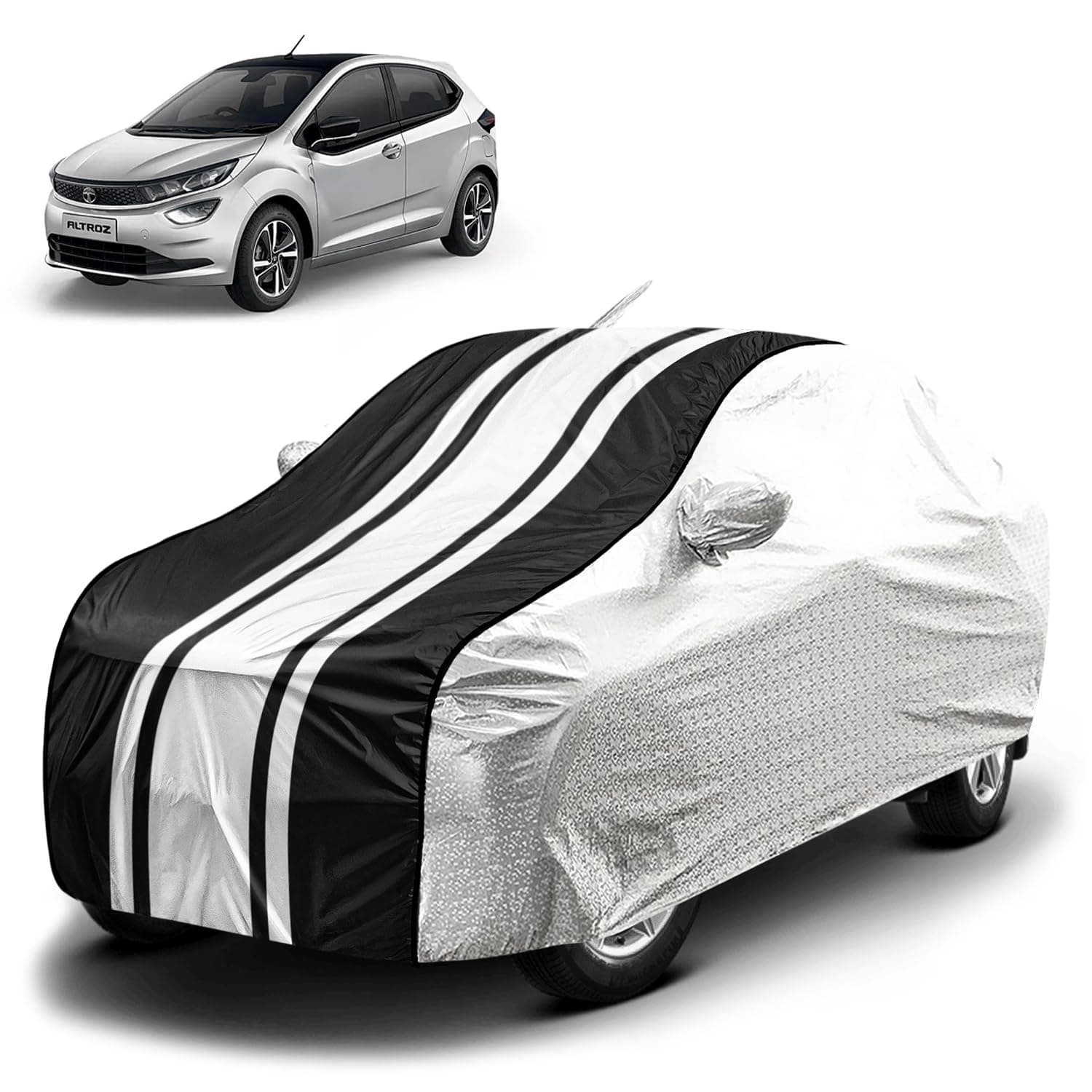 Fabtec Waterproof Car Body Cover for Tata Altroz with Mirror and Antenna Pocket and Soft Cotton Lining, Bottom Elastic, Triple Stitched (Metallic Silver with Black Stripes)