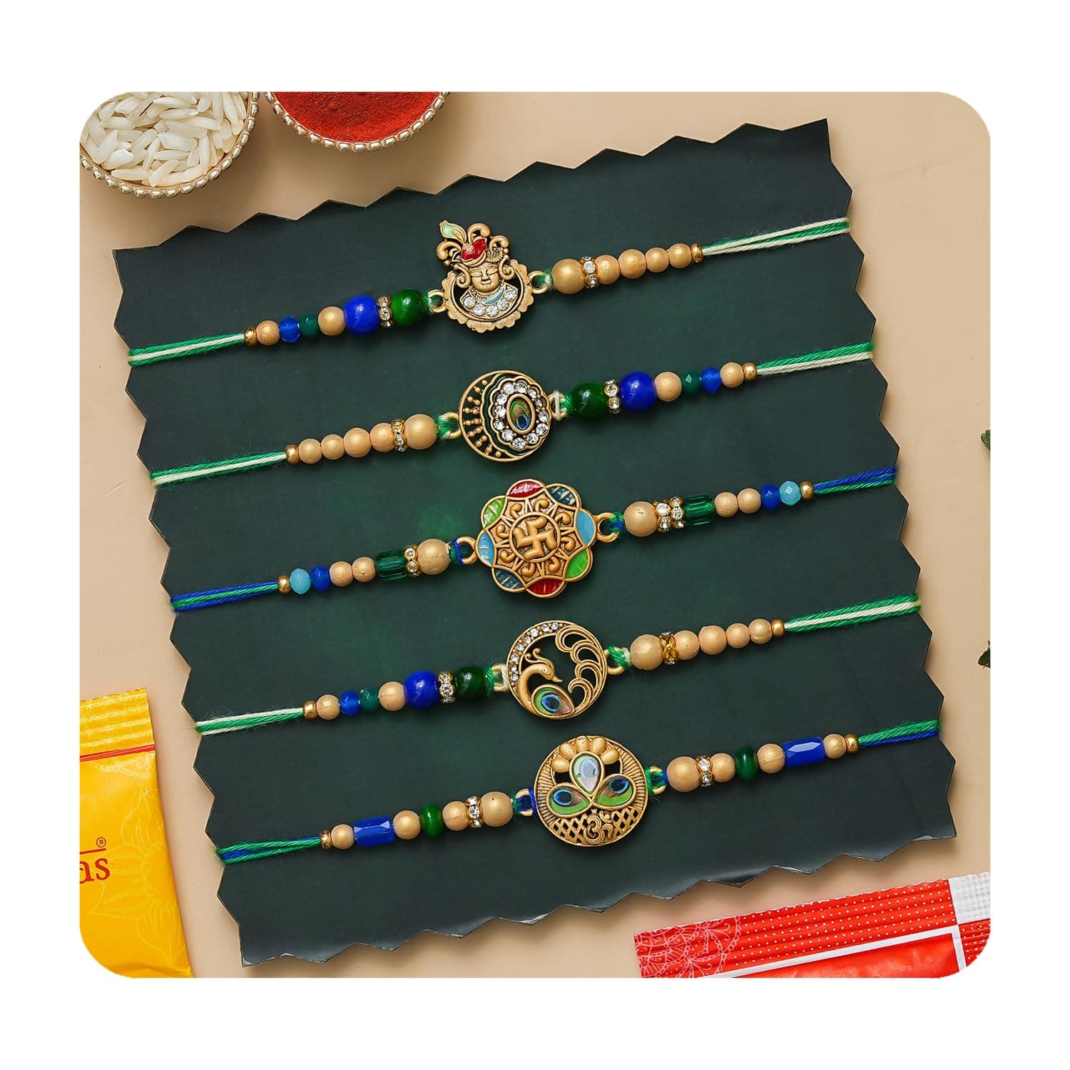 TONKWALAS Multicolor Combo of 5 Rakhi for Brother with Roli Chawal Best Wishes Greeting Card