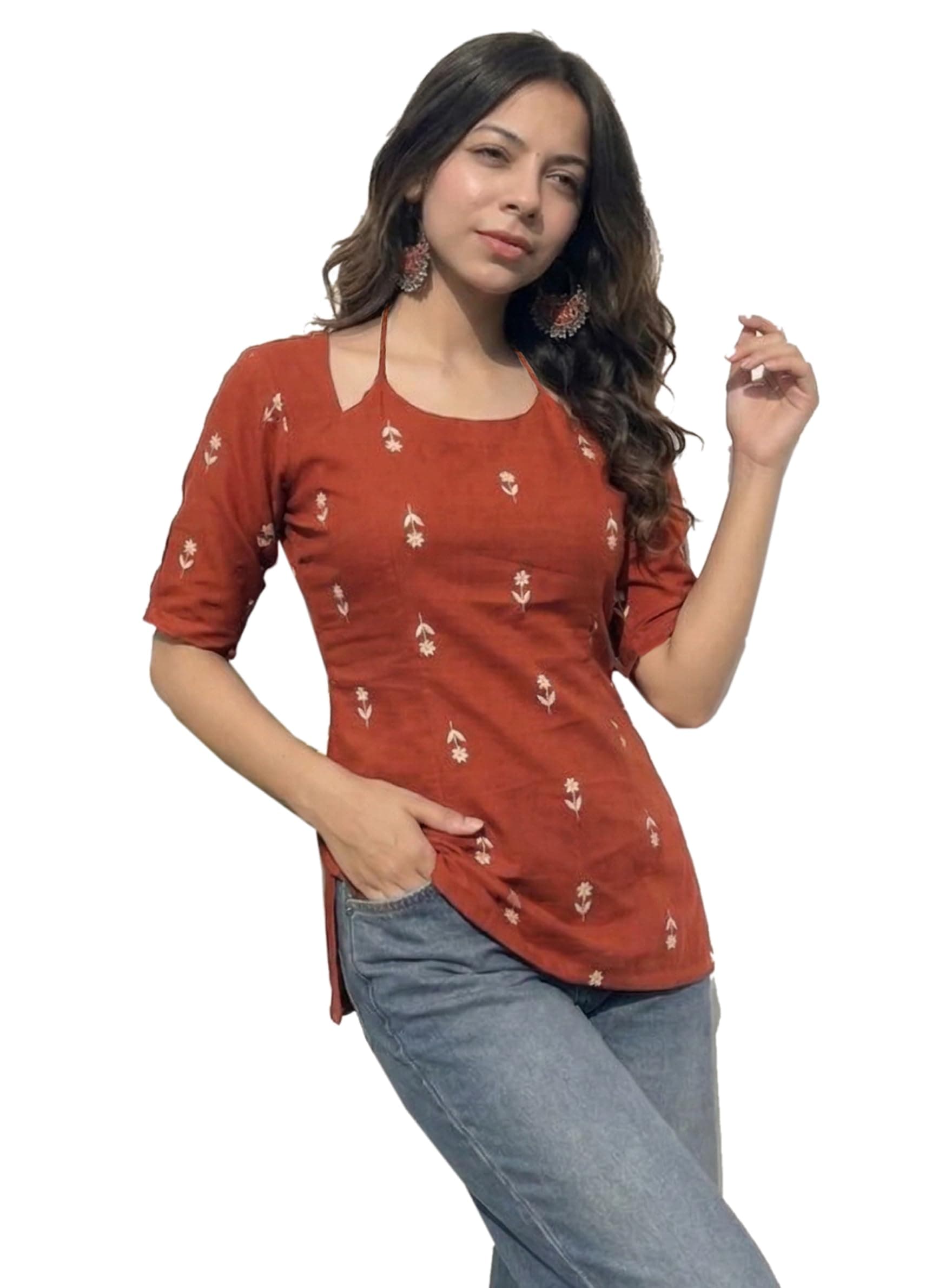 ANNI Designer Women's Viscose Blend Printed Short Kurti (Korvai Rust_XXL_Rust_XX-Large)