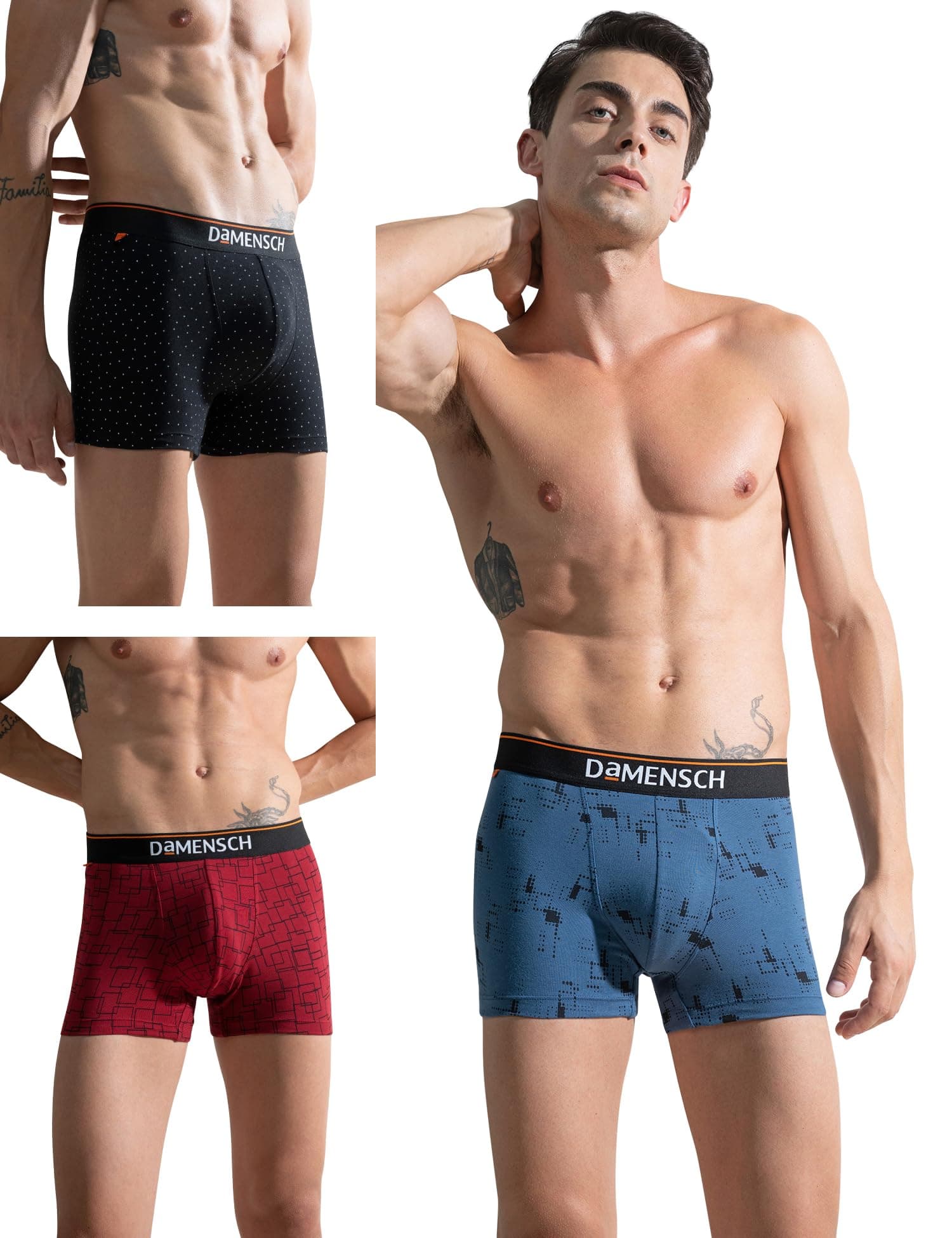 DAMENSCH Men's Deo-Cotton Deodorizing Trunk- Pack of 3- Marbled Blue, Spotted Black, Snapping Red- Large
