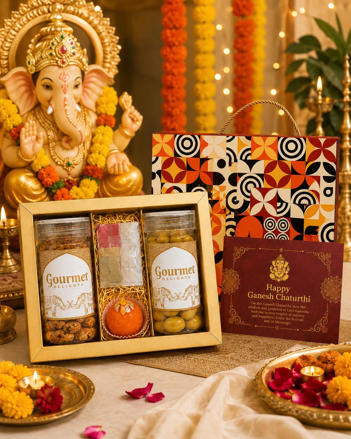 Ganesh Chaturthi Return Gift Hamper for Guests | Premium Dry Fruits & Makhana Gift Set with Festive Modak Candle, Roli Chawal & Greeting Card | Perfect Ganpati Pooja Return Favour