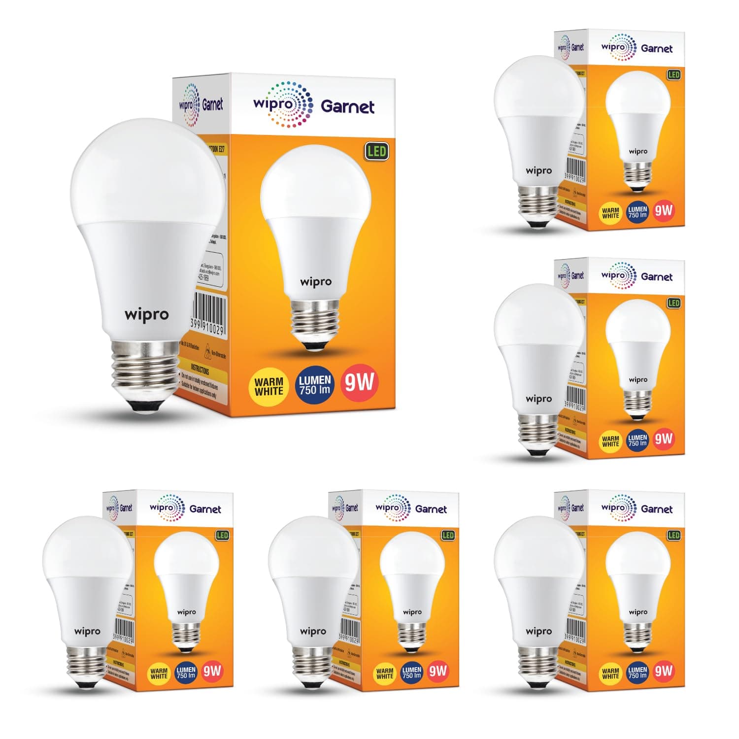 wipro Garnet 9W LED Bulb for Home & Office |Warm White (2700K) | E27 Base|220 degree Light coverage |4Kv Surge Protection |400V High Voltage Protection |Energy Efficient | Pack of 6