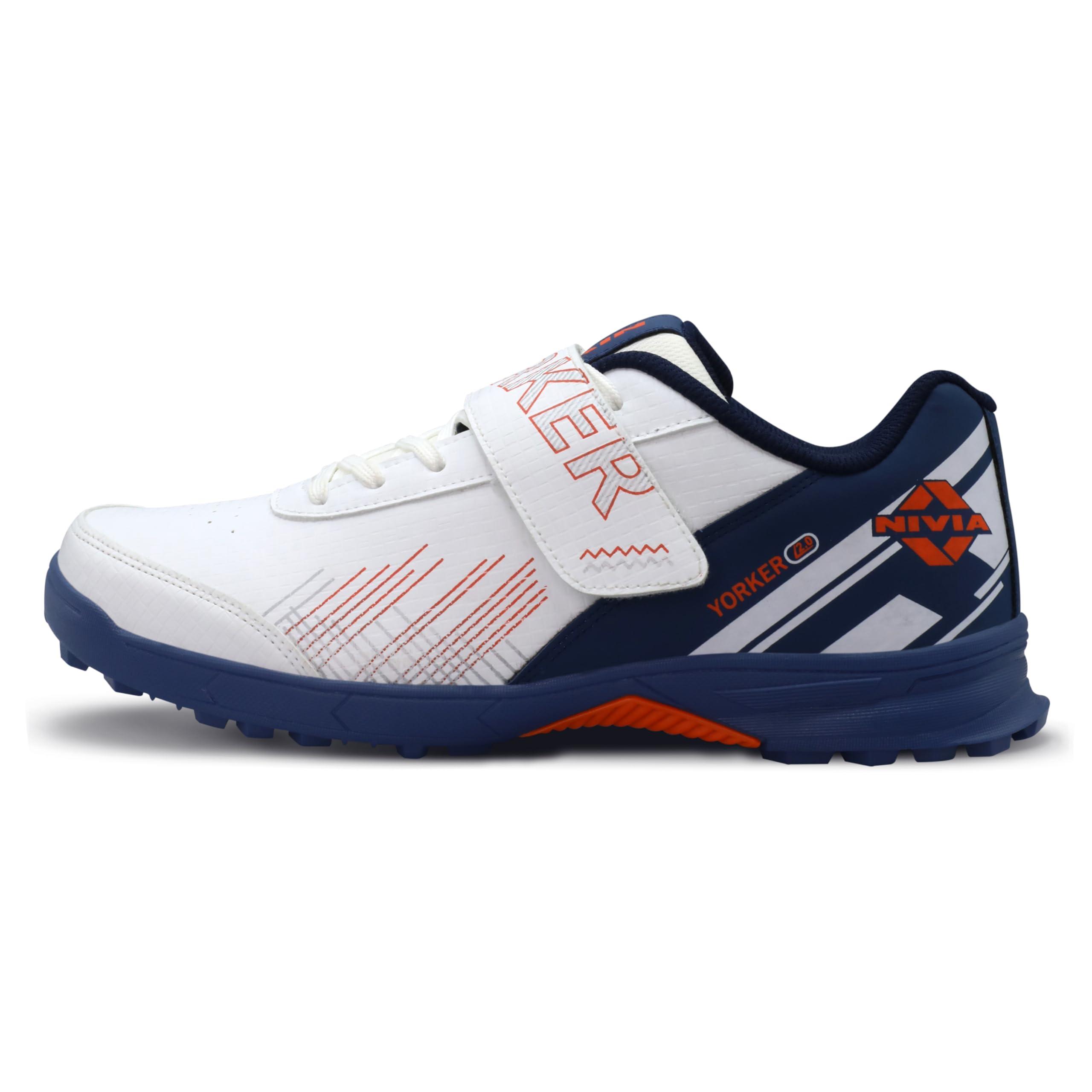 Nivia Yorker 2.0 Cricket Shoes for Men, Synthetic Leather Upper with Velcro Strap, Round Stud PVC Outsole, Die-Cut Soft NR EVA Sockliner (Navy/Orange, UK09)