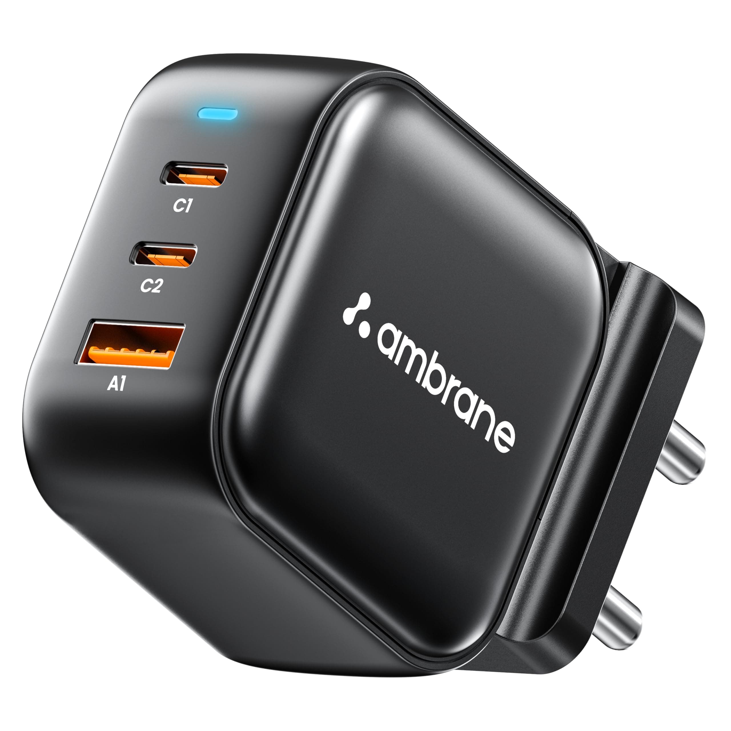 Ambrane 65W Charger Adapter, 3 Ports - 2 Type C & 1 USB for Samsung, Type C Laptops: MacBook, Dell, HP, ASUS, Fast Charger with PD Technology & GaN Technology for All Devices (RAAP G65, Black)