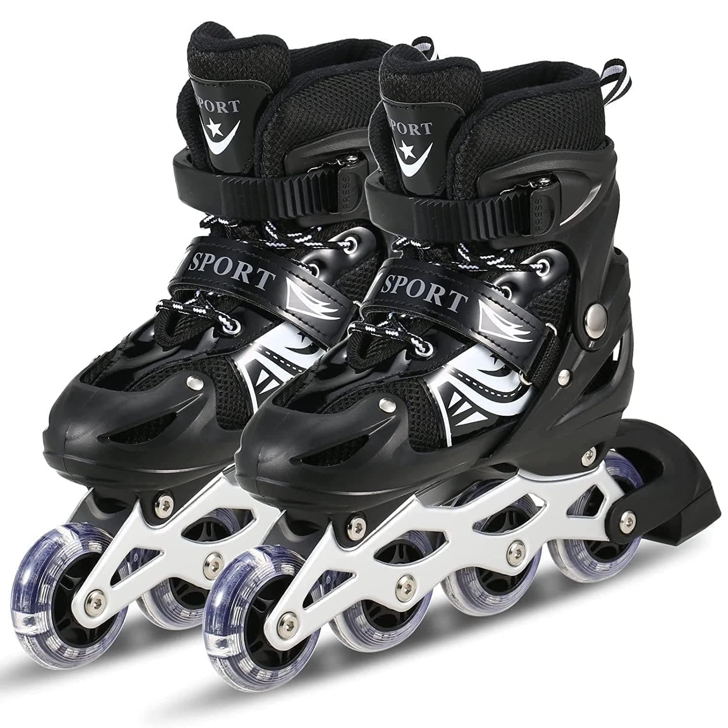 TEKCOOL 4 Wheels Adjustable Inline Skates Skating Shoes for Boys Kids Girls Skating Shoe Adjustable Roller Blades Age 6 to 15 Years PU Strong Wheels Aluminium with LED Flash Light on Wheels (Black)'