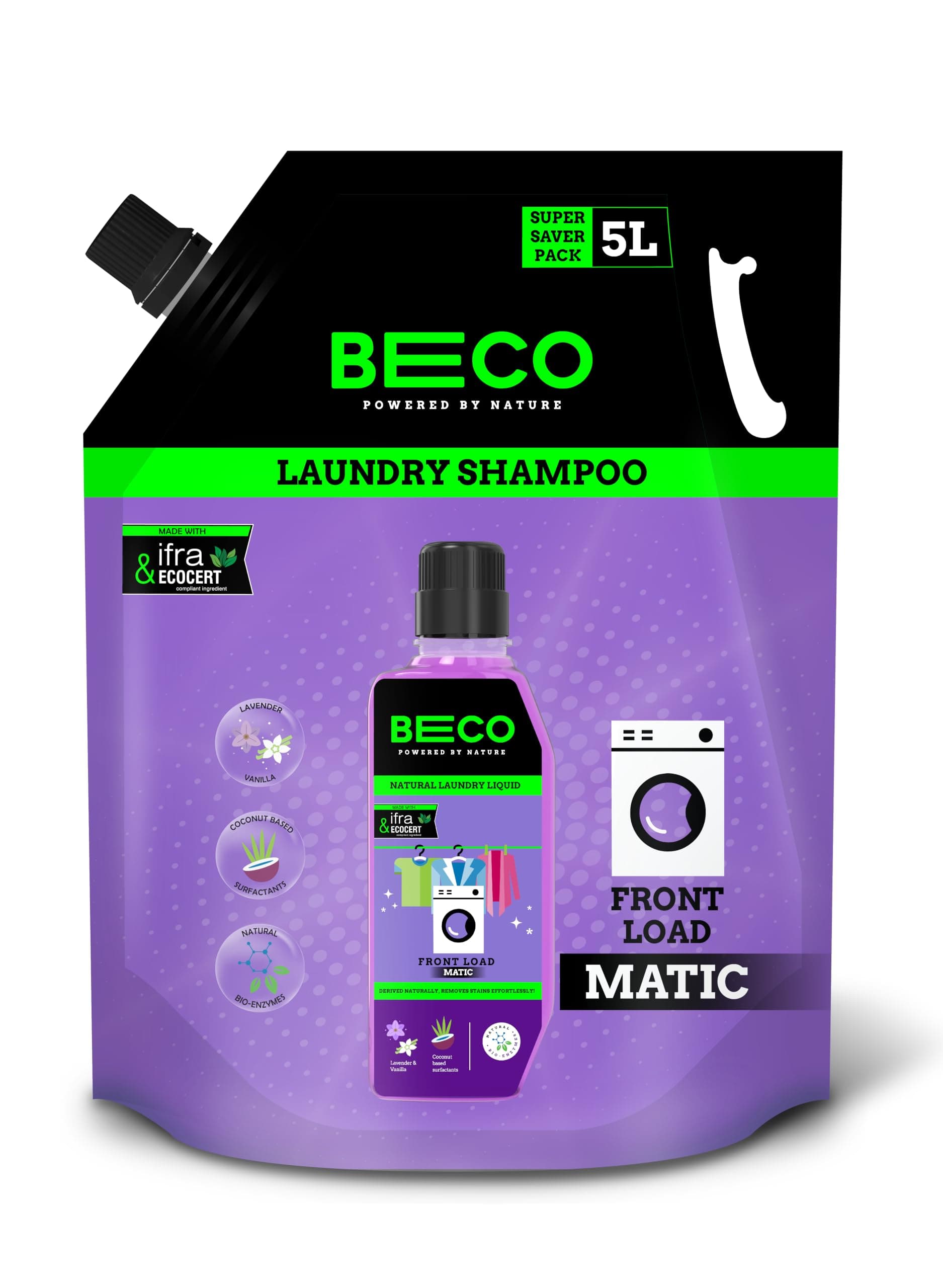 Beco Natural Liquid Detergent Front Load - 5L Refill Pack | Tough Stain Removal | Lavender & Vanilla Freshness | Retains Brightness & Shine | Chemical Free | Front Load Washing Machine Liquid