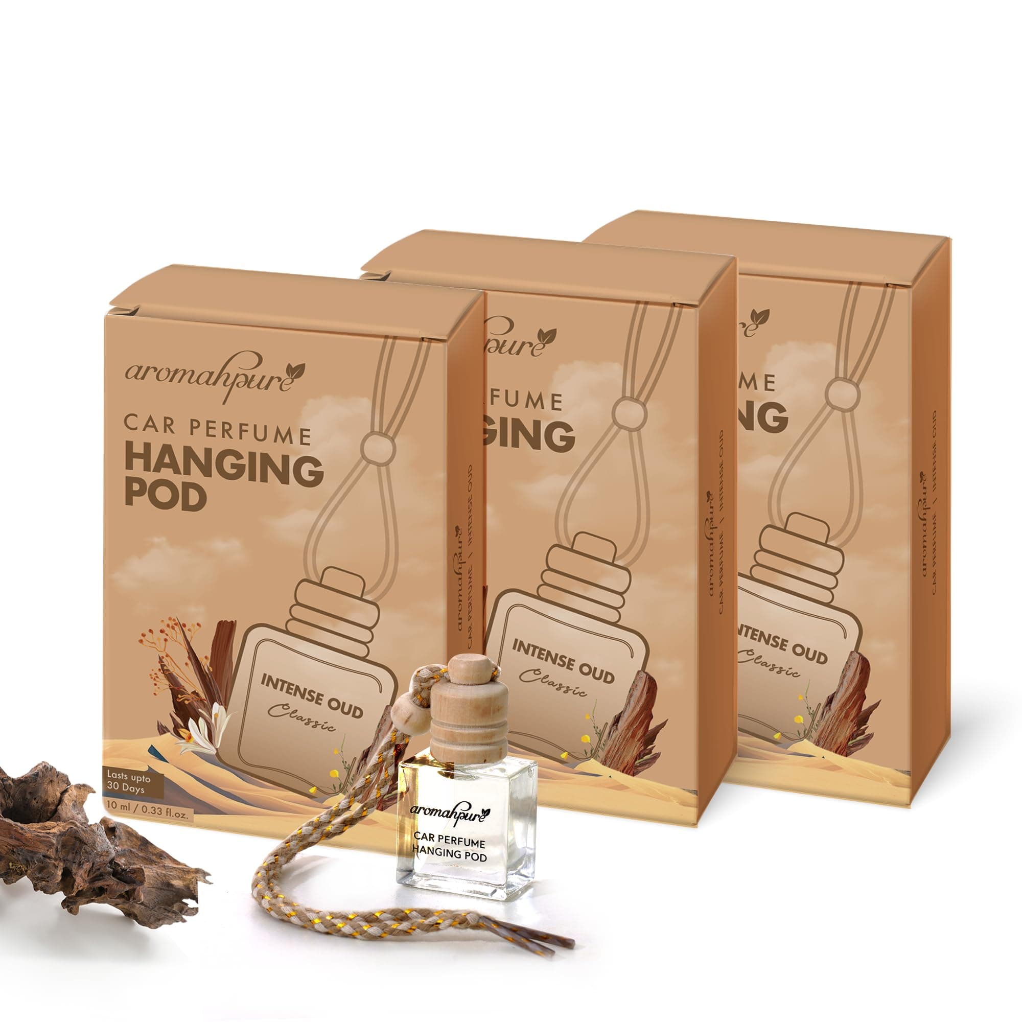 Aromahpure Premium Car Perfume Hanging Pod |10 ML |Oudh Fragrance Car Air Freshener |Natural Fragrance Oils in Glass Bottle with Wooden Diffuser Lid |Last upto 30 Days (Pack of 3), IFRA certified