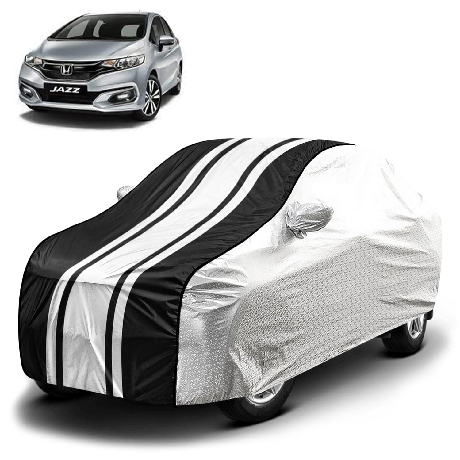Fabtec Waterproof Car Body Cover for Honda Jazz with Mirror Pocket and Soft Cotton Lining, Bottom Elastic, Triple Stitched (Metallic Silver with Black Stripes) (No Antenna Pocket)