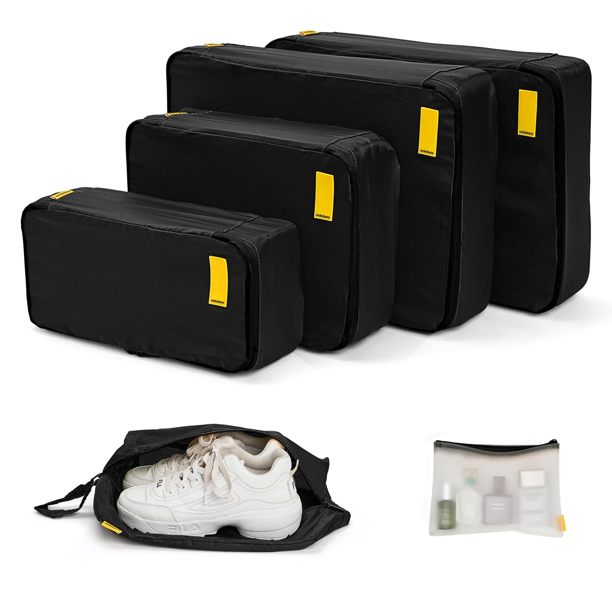MOKOBARA The Packing Cube Nylon Fabric Water Resistant Travel Organizer Wardrobe Organizer Set Of Packing Bag (Xl,Large, Medium, Shoe Bag, Toiletry Bag) (Set Of 6, Black)