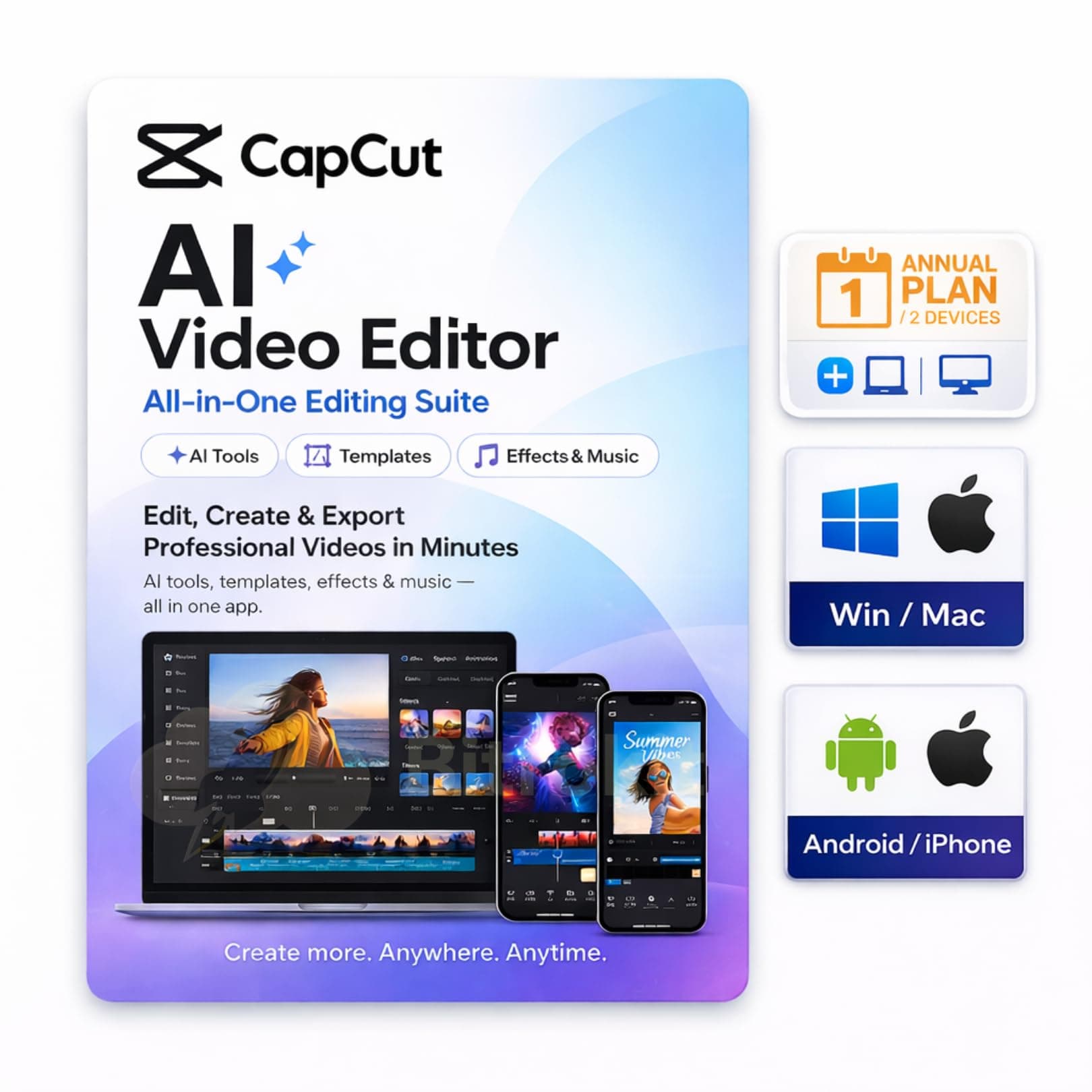 CapCut Pro Account - AI Powered Video Editor - Annual Plan for 2 Devices | Win/Mac, Android/iPhone | Go Get it - (Email Delivery)