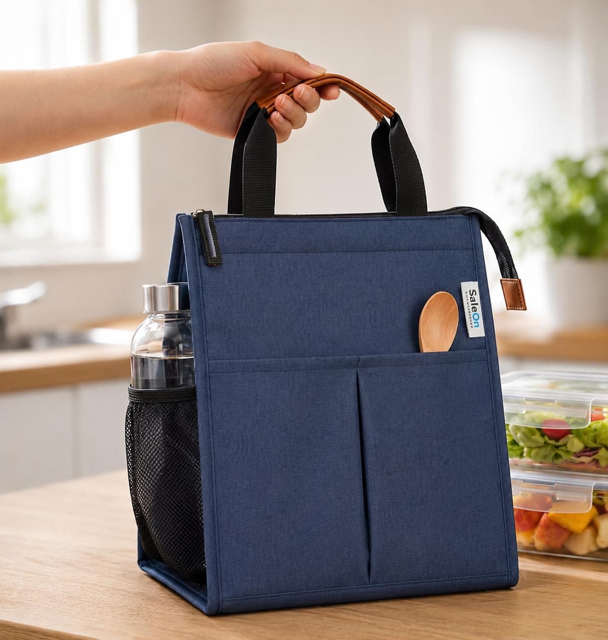 SaleOn Insulated Lunch Bag for Women & Men | Waterproof Soft Cooler Tote | Leakproof, Reusable with Pockets | Thermal Lunch Box for Office, Travel, Picnic (Navy Blue)