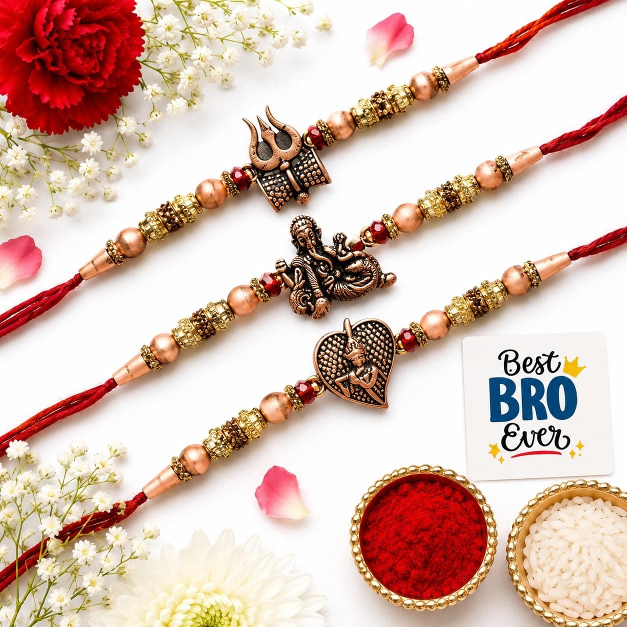 eCraftIndia Set of 3 Red & Golden Trishul with Damru, Lord Ganesha, & Lord Krishna Playing Flute Religious Rakhis with Roli Chawal Pack and Best Bro Ever Fridge Magnet