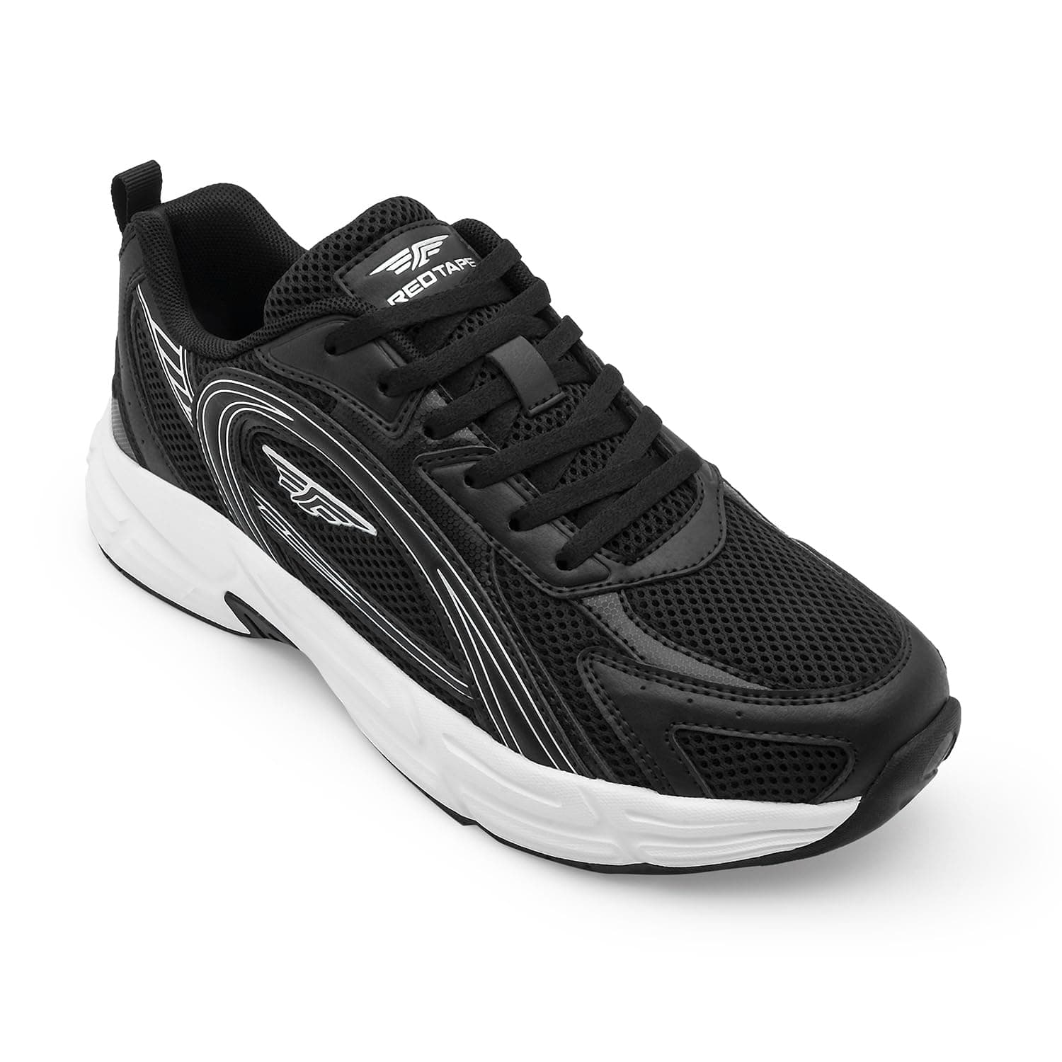 Red Tape Men's Sneakers Black White Mesh Pu Round Toe Lace-Up, 8 UK