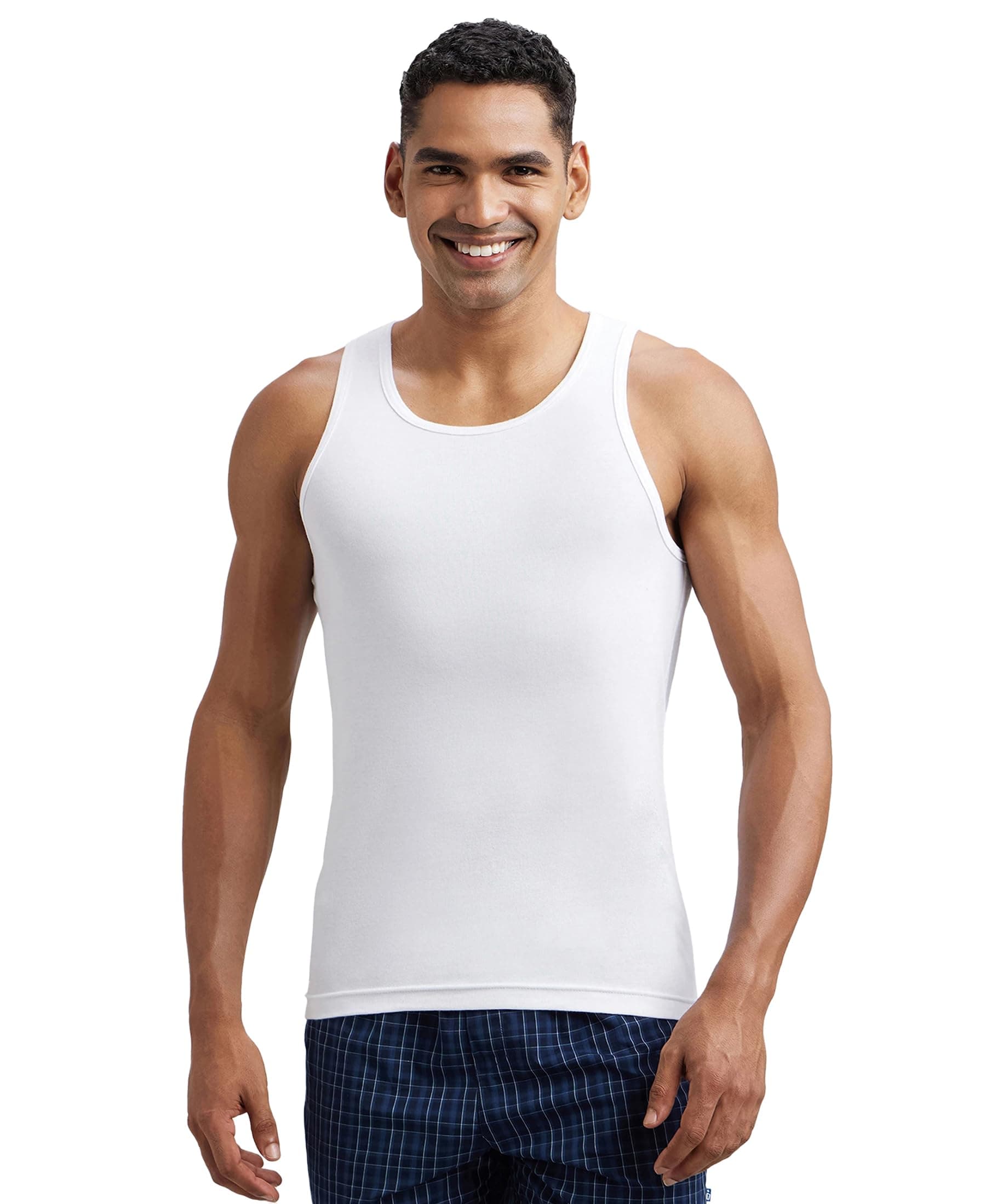 Jockey FP04 Men's Super Combed Cotton Rib Round Neck Sleeveless Vest with Extended Length for Easy Tuck_White & Neon Blue_L