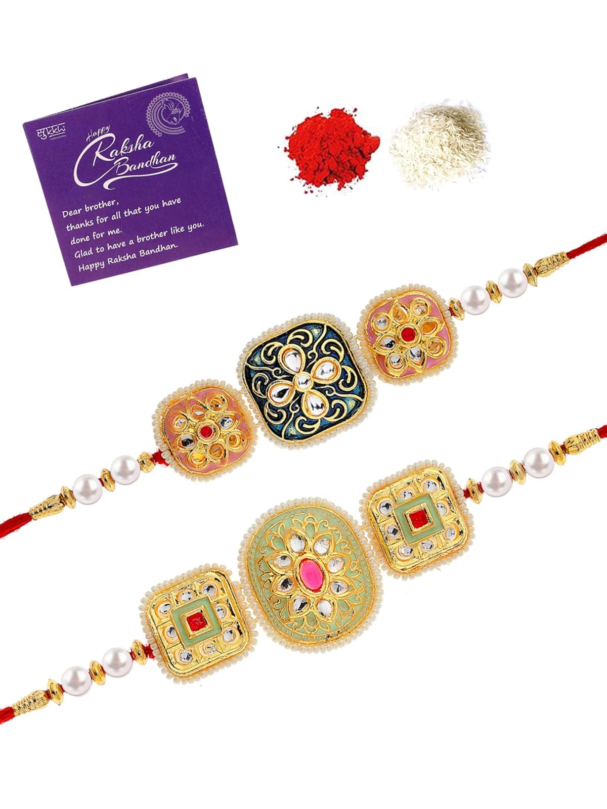 Sukkhi Rakhi Ornamental Kundan & Pearls Meenakari Gold Plated Premium Rakhi for Brother - 2 Pack with Roli Chawal & Greeting Card - Rakhi for Brother/Bhaiya/Bhai/Men - CBRAK106968