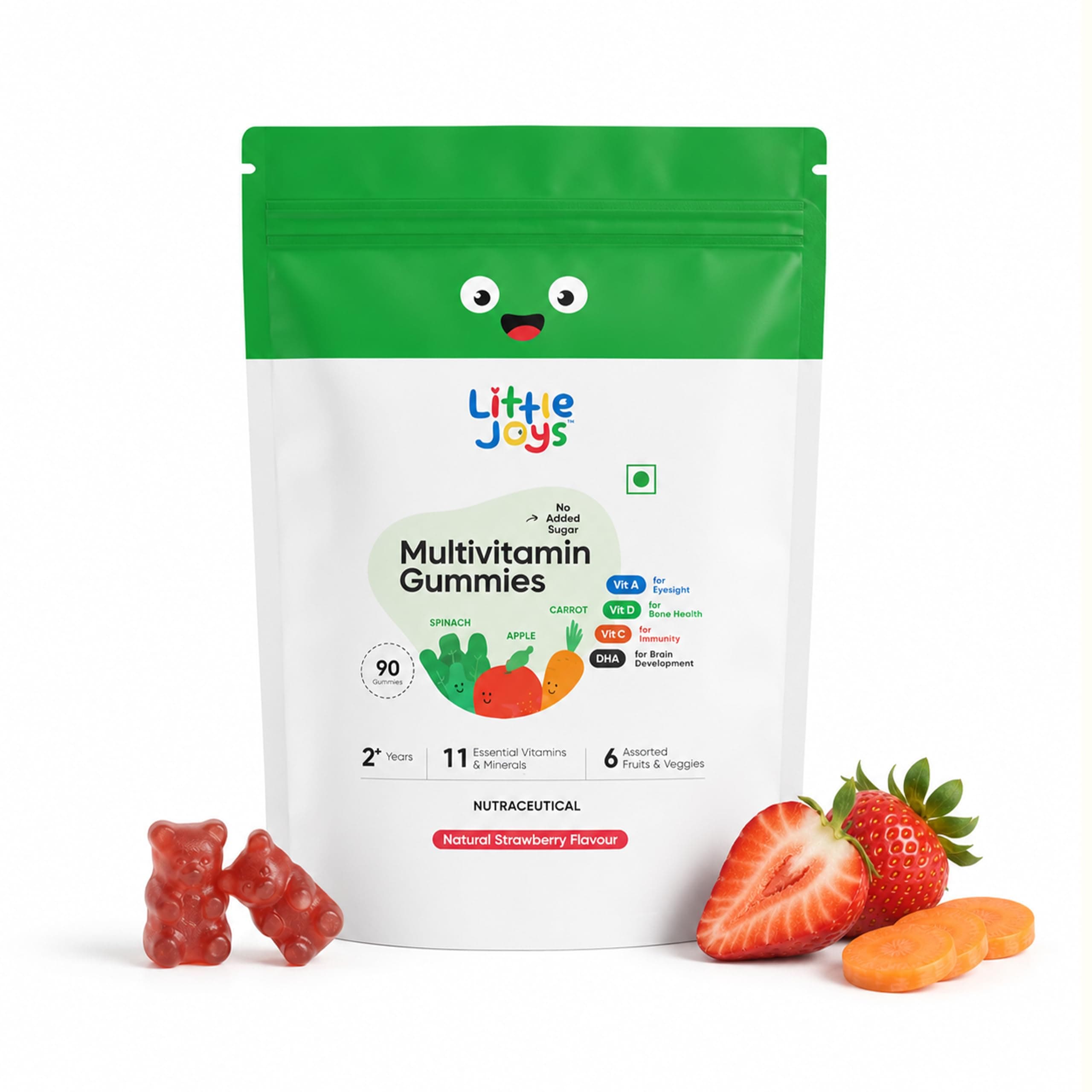 Little Joys Multivitamin Gummies Pouch for Kids (4-6 years) | 90 Days Pack | No Sugar Added | Strawberry Flavour | Boosts Immunity, Bone Density & Eyesight